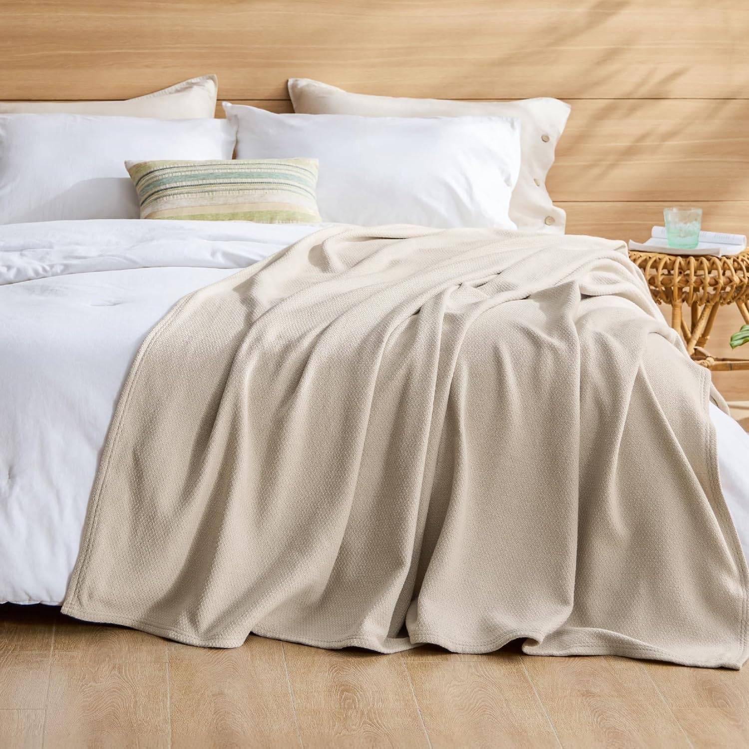 image:imageBedsure GentleSoft 100 Cotton Blanket Twin XL Size for Bed Cooling Breathable and Lightweight Soft Cozy Textured Herringbone Woven Summer Blanket for College Dorm Linen Beige 66x90 inches01 Linen Beige