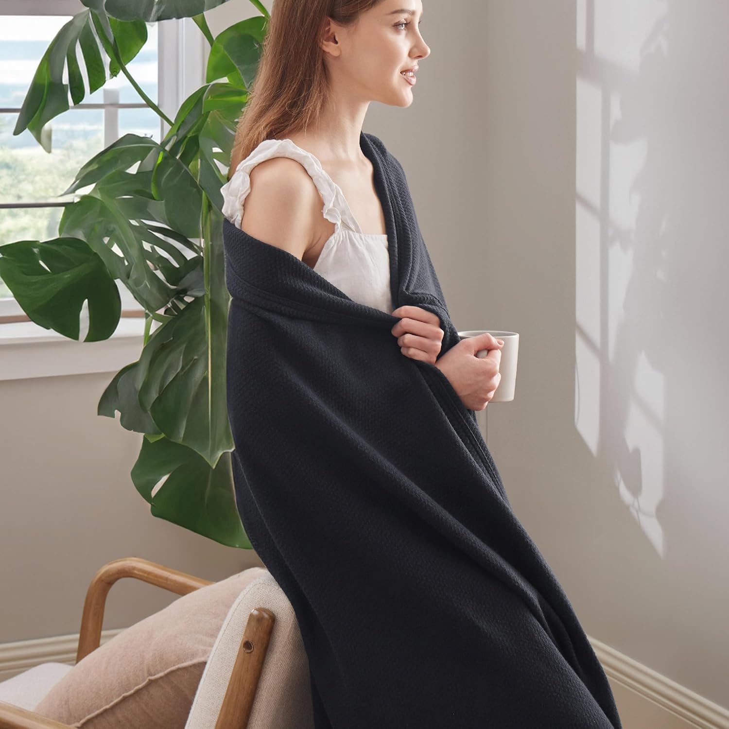 image:imageBedsure GentleSoft 100 Cotton Blanket Twin XL Size for Bed Cooling Breathable and Lightweight Soft Cozy Textured Herringbone Woven Summer Blanket for College Dorm Linen Beige 66x90 inches09 Black
