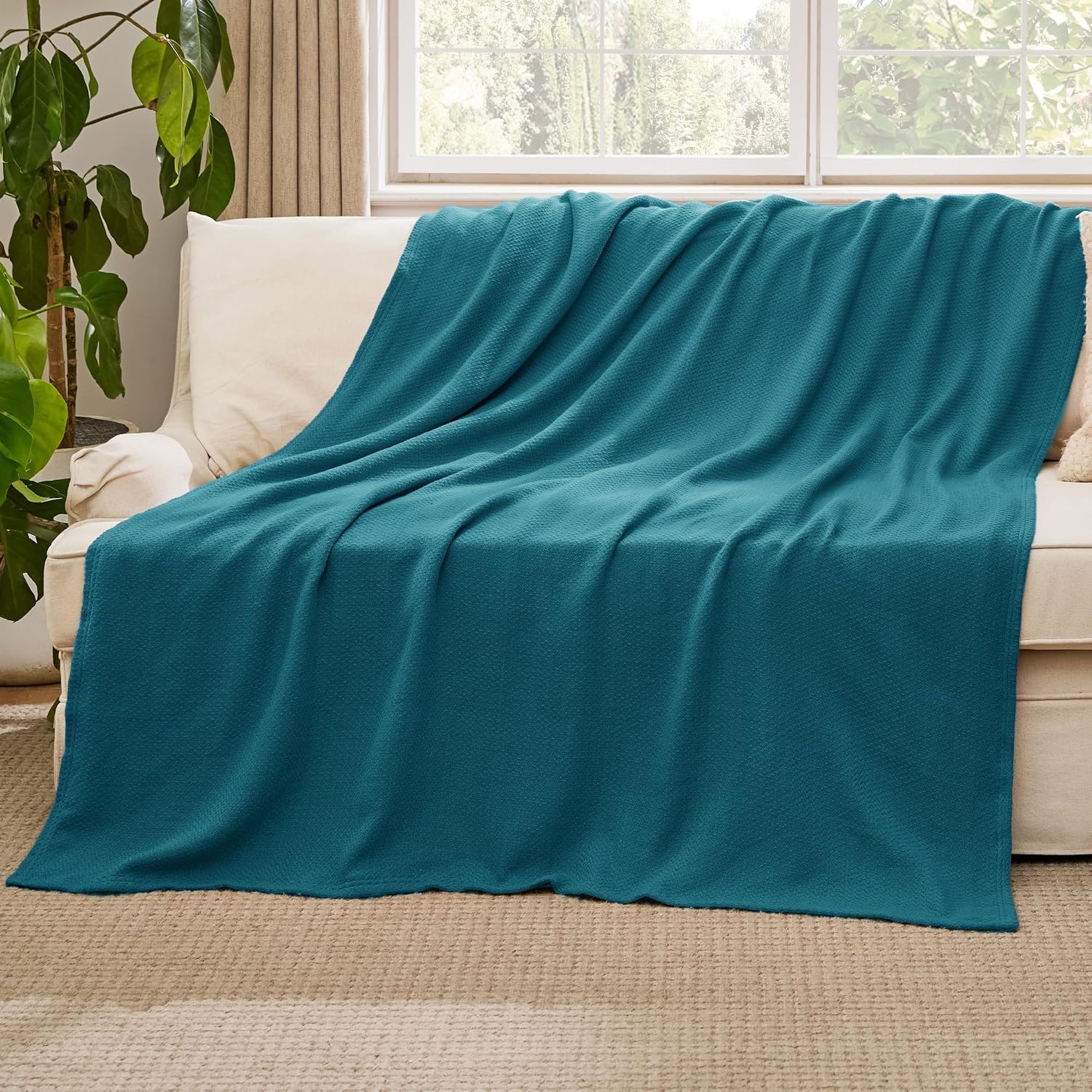 image:imageBedsure GentleSoft 100 Cotton Blanket Twin XL Size for Bed Cooling Breathable and Lightweight Soft Cozy Textured Herringbone Woven Summer Blanket for College Dorm Linen Beige 66x90 inches08 Teal
