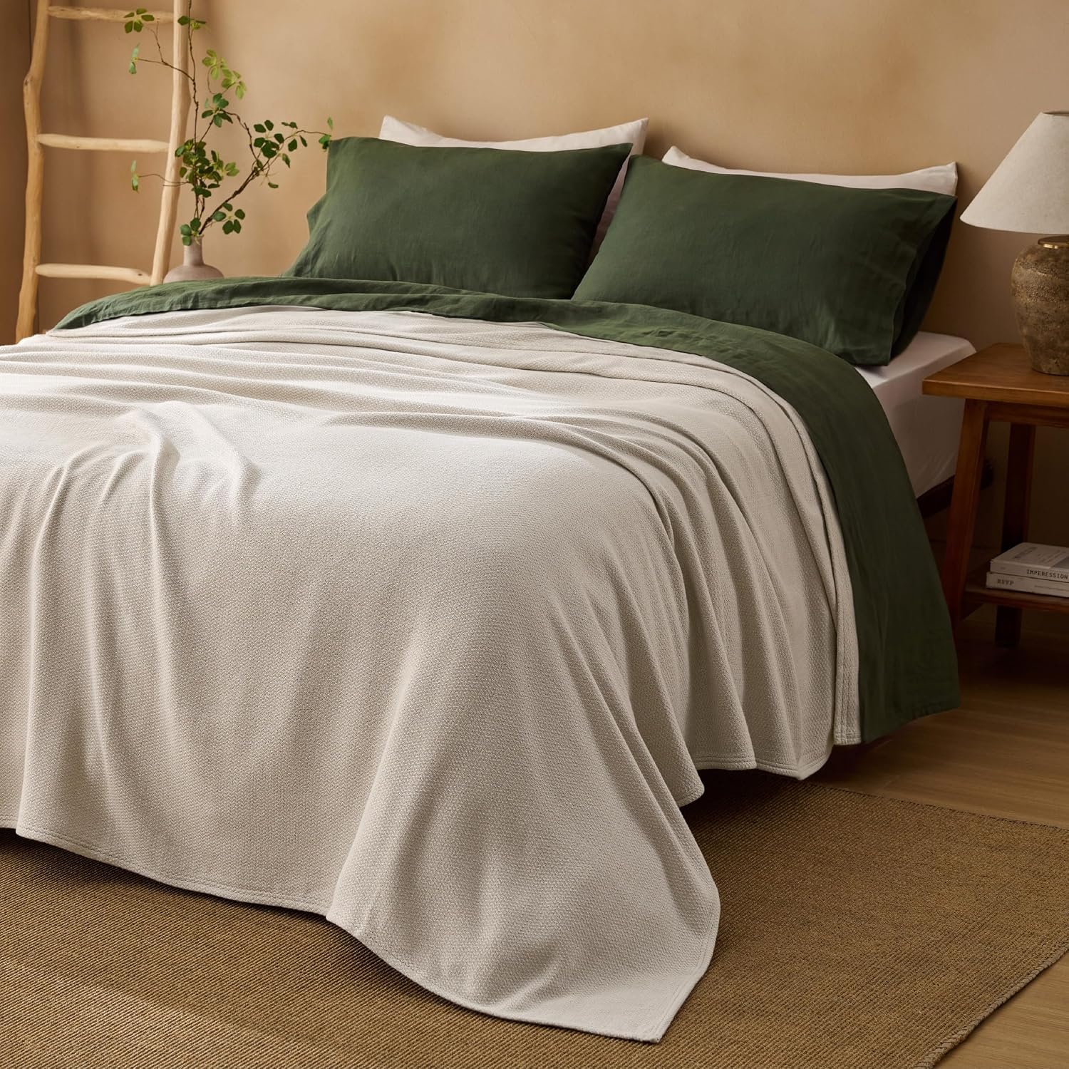 image:imageBedsure GentleSoft 100 Cotton Blanket Twin XL Size for Bed Cooling Breathable and Lightweight Soft Cozy Textured Herringbone Woven Summer Blanket for College Dorm Linen Beige 66x90 inches01 Linen Beige