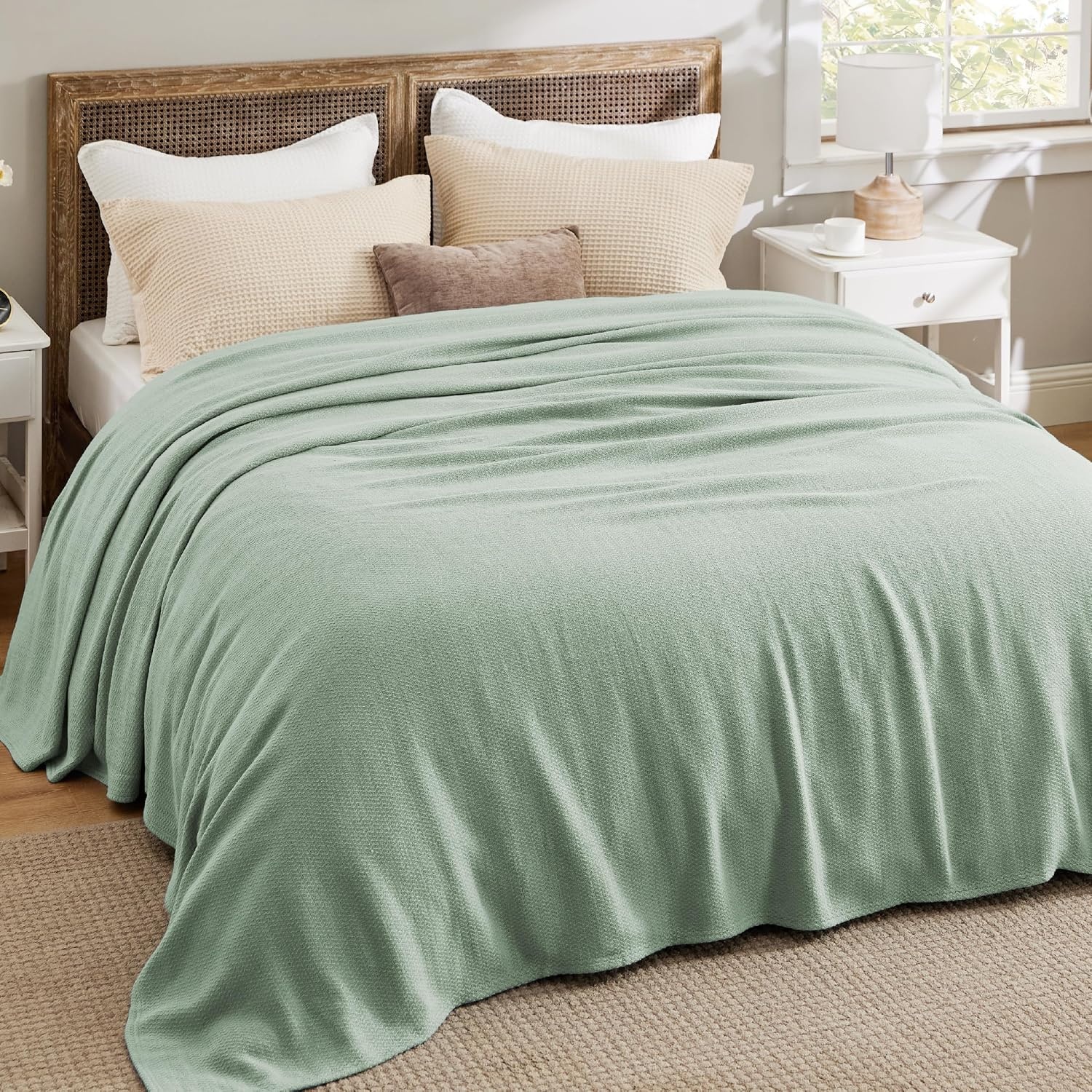 image:imageBedsure GentleSoft 100 Cotton Blanket Twin XL Size for Bed Cooling Breathable and Lightweight Soft Cozy Textured Herringbone Woven Summer Blanket for College Dorm Linen Beige 66x90 inches03 Sage Green