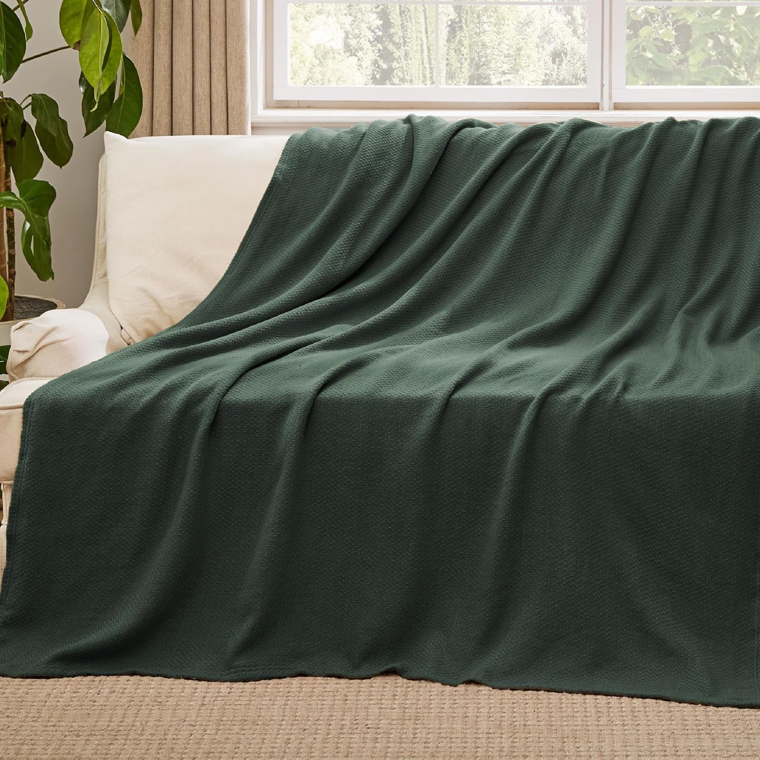 image:imageBedsure GentleSoft 100 Cotton Blanket Twin XL Size for Bed Cooling Breathable and Lightweight Soft Cozy Textured Herringbone Woven Summer Blanket for College Dorm Linen Beige 66x90 inches03 Dark Green