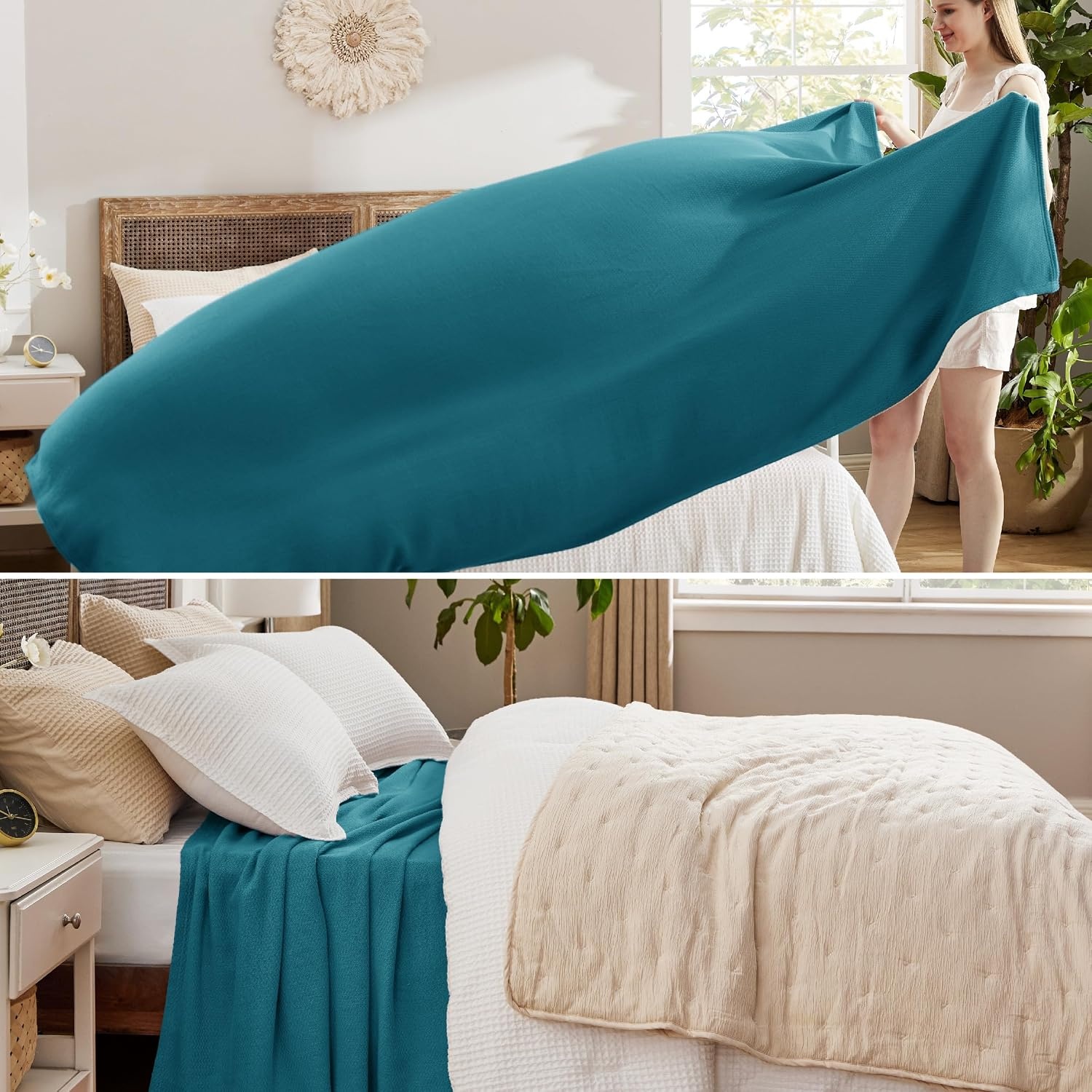 image:imageBedsure GentleSoft 100 Cotton Blanket Twin XL Size for Bed Cooling Breathable and Lightweight Soft Cozy Textured Herringbone Woven Summer Blanket for College Dorm Linen Beige 66x90 inches08 Teal