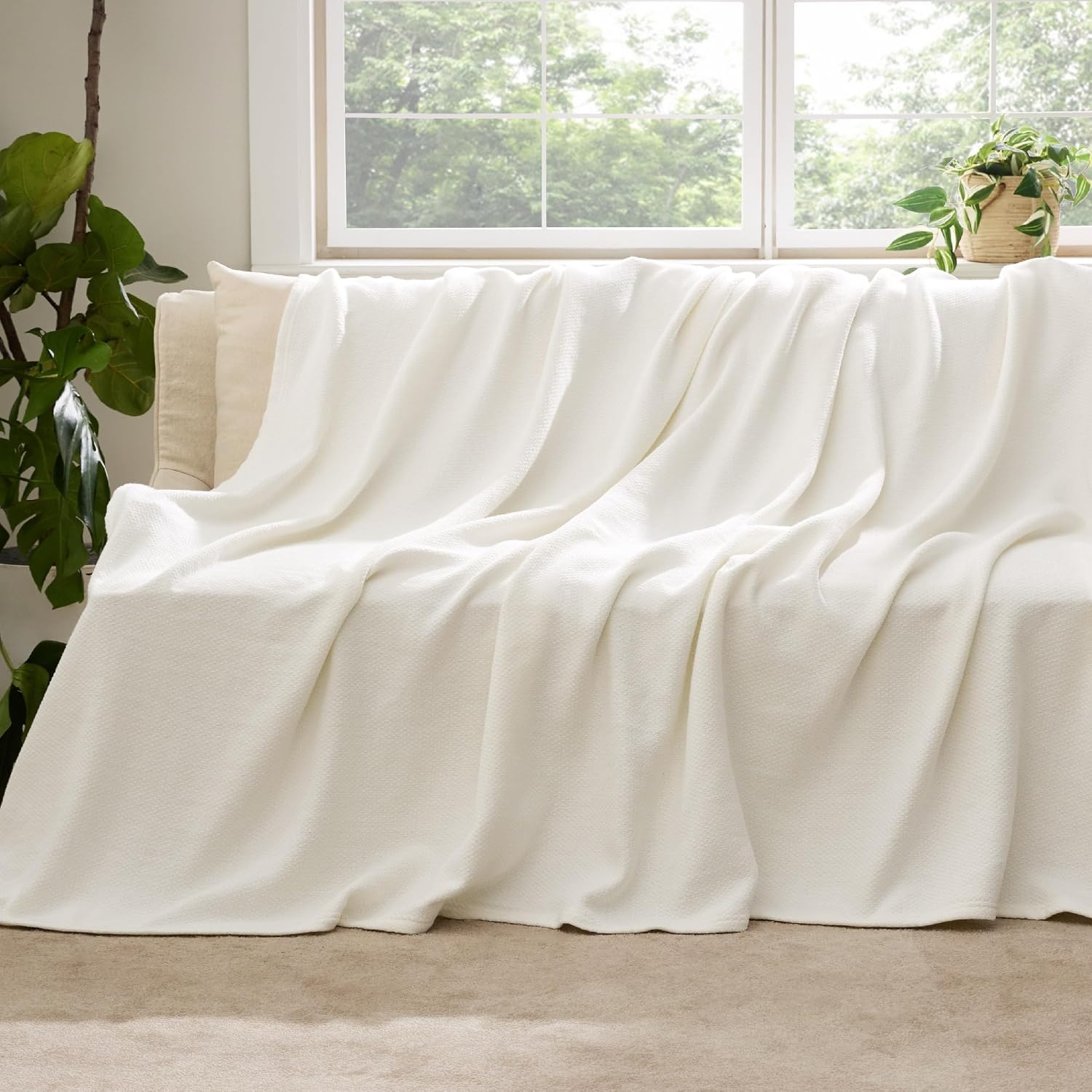 image:imageBedsure GentleSoft 100 Cotton Blanket Twin XL Size for Bed Cooling Breathable and Lightweight Soft Cozy Textured Herringbone Woven Summer Blanket for College Dorm Linen Beige 66x90 inches02 Cream