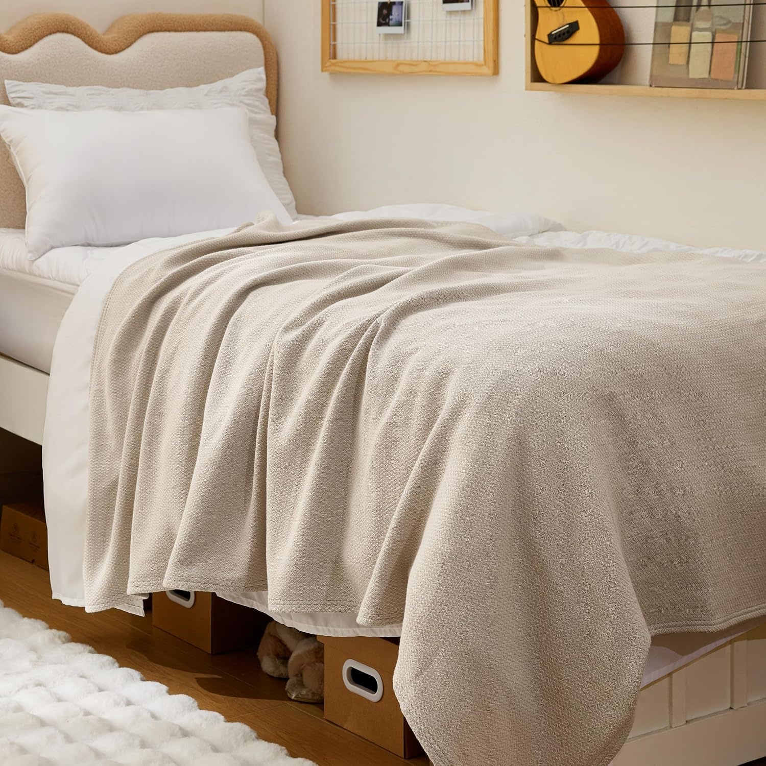 image:imageBedsure GentleSoft 100 Cotton Blanket Twin XL Size for Bed Cooling Breathable and Lightweight Soft Cozy Textured Herringbone Woven Summer Blanket for College Dorm Linen Beige 66x90 inches01 Linen Beige