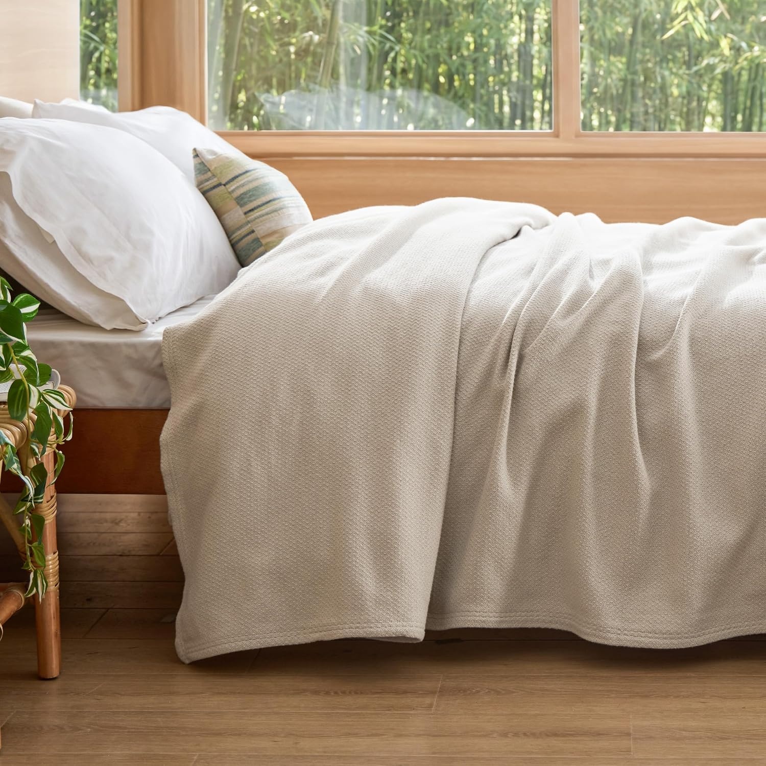 image:imageBedsure GentleSoft 100 Cotton Blanket Twin XL Size for Bed Cooling Breathable and Lightweight Soft Cozy Textured Herringbone Woven Summer Blanket for College Dorm Linen Beige 66x90 inches01 Linen Beige