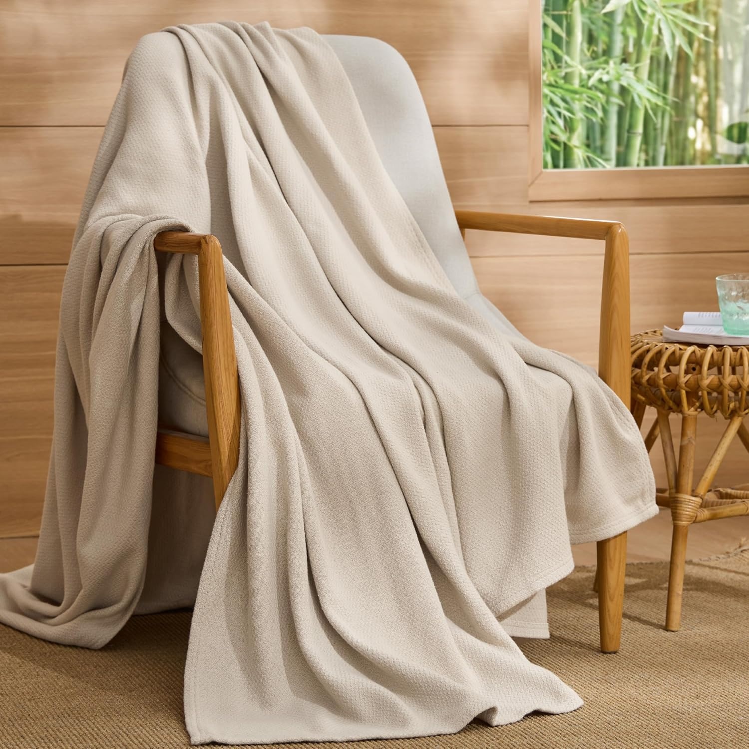 image:imageBedsure GentleSoft 100 Cotton Blanket Twin XL Size for Bed Cooling Breathable and Lightweight Soft Cozy Textured Herringbone Woven Summer Blanket for College Dorm Linen Beige 66x90 inches01 Linen Beige