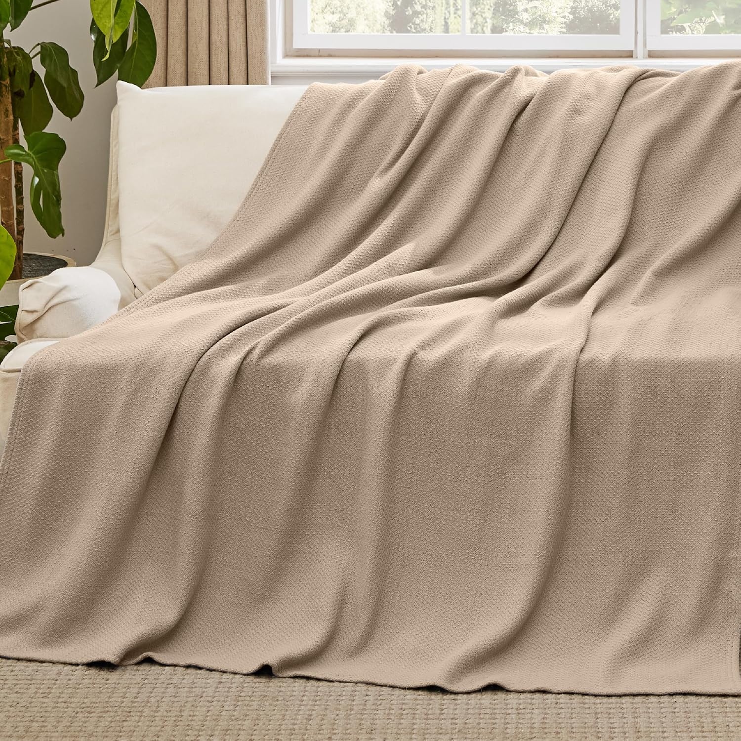image:imageBedsure GentleSoft 100 Cotton Blanket Twin XL Size for Bed Cooling Breathable and Lightweight Soft Cozy Textured Herringbone Woven Summer Blanket for College Dorm Linen Beige 66x90 inches01 Khaki