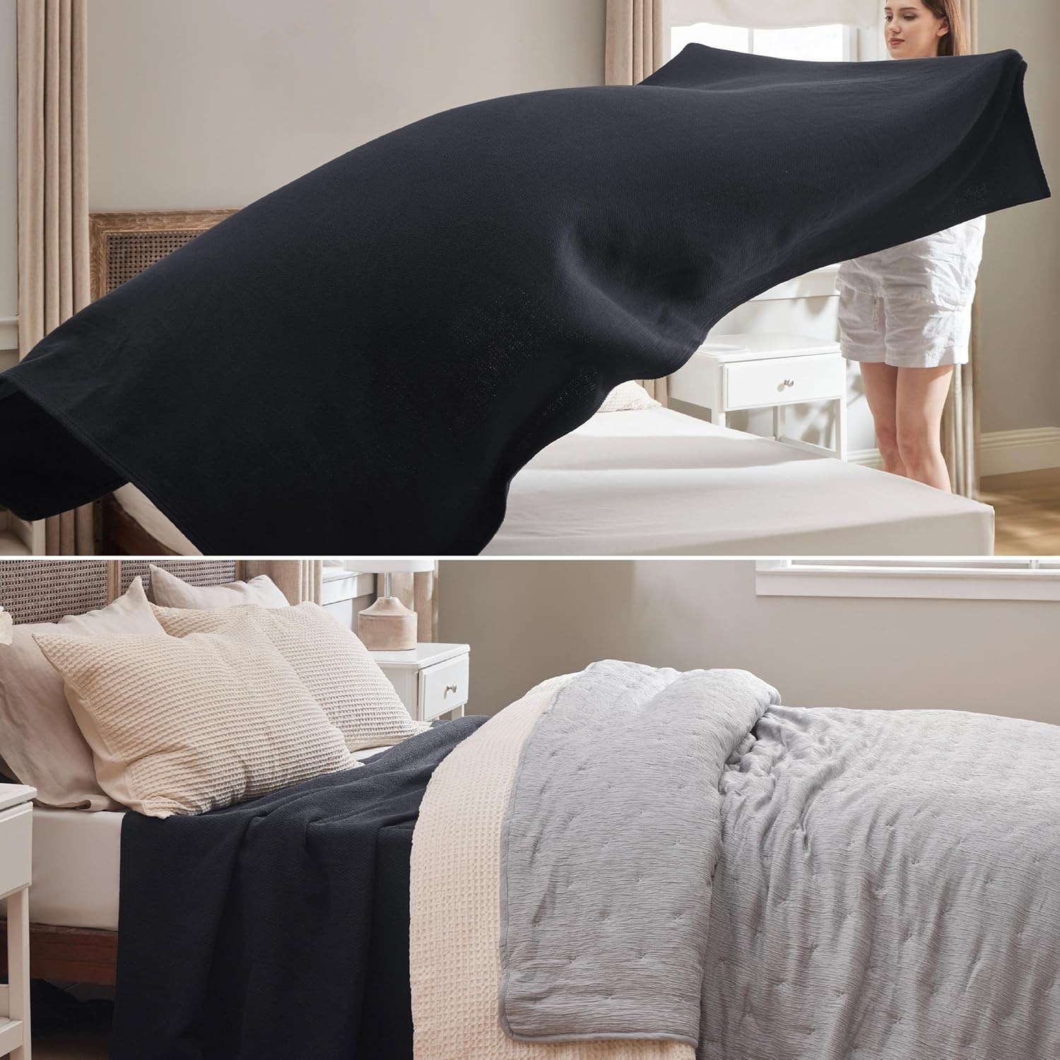image:imageBedsure GentleSoft 100 Cotton Blanket Twin XL Size for Bed Cooling Breathable and Lightweight Soft Cozy Textured Herringbone Woven Summer Blanket for College Dorm Linen Beige 66x90 inches09 Black