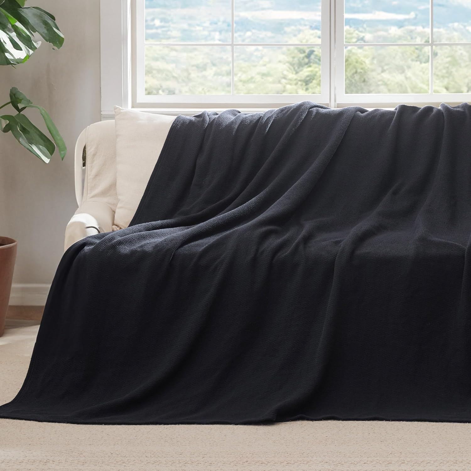 image:imageBedsure GentleSoft 100 Cotton Blanket Twin XL Size for Bed Cooling Breathable and Lightweight Soft Cozy Textured Herringbone Woven Summer Blanket for College Dorm Linen Beige 66x90 inches09 Black