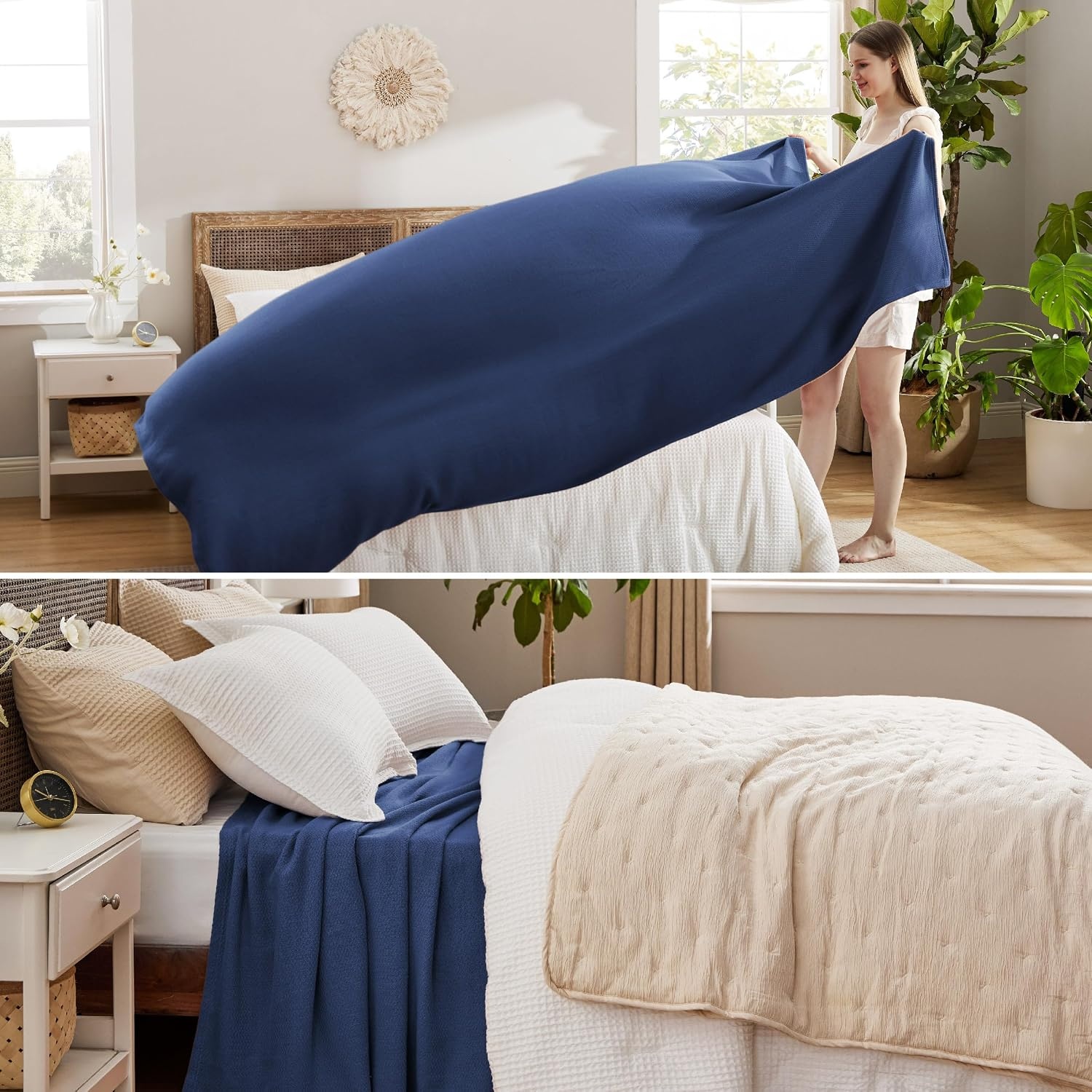 image:imageBedsure GentleSoft 100 Cotton Blanket Twin XL Size for Bed Cooling Breathable and Lightweight Soft Cozy Textured Herringbone Woven Summer Blanket for College Dorm Linen Beige 66x90 inches07 Navy Blue