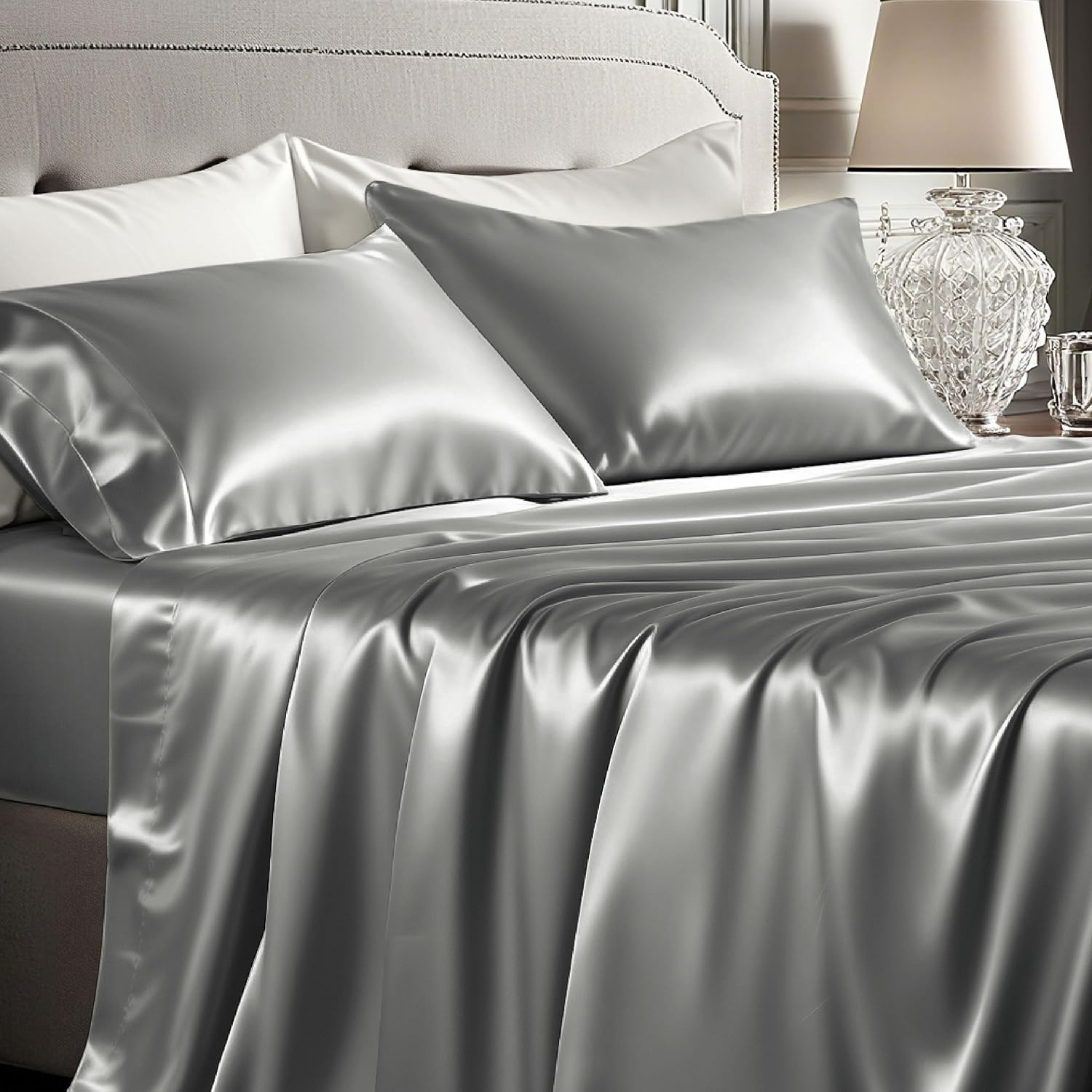 image:imageBedsure Grey Satin Sheets Queen Size Soft Silky Bedsheets for Hair amp Skin Similar to Silk Bed Sheets Set 4 Piece 360Stronger 15 Inches Deep Pocket Fitted Sheet1 Flat Sheet 2 Satin Pillowcases12 Dark Grey