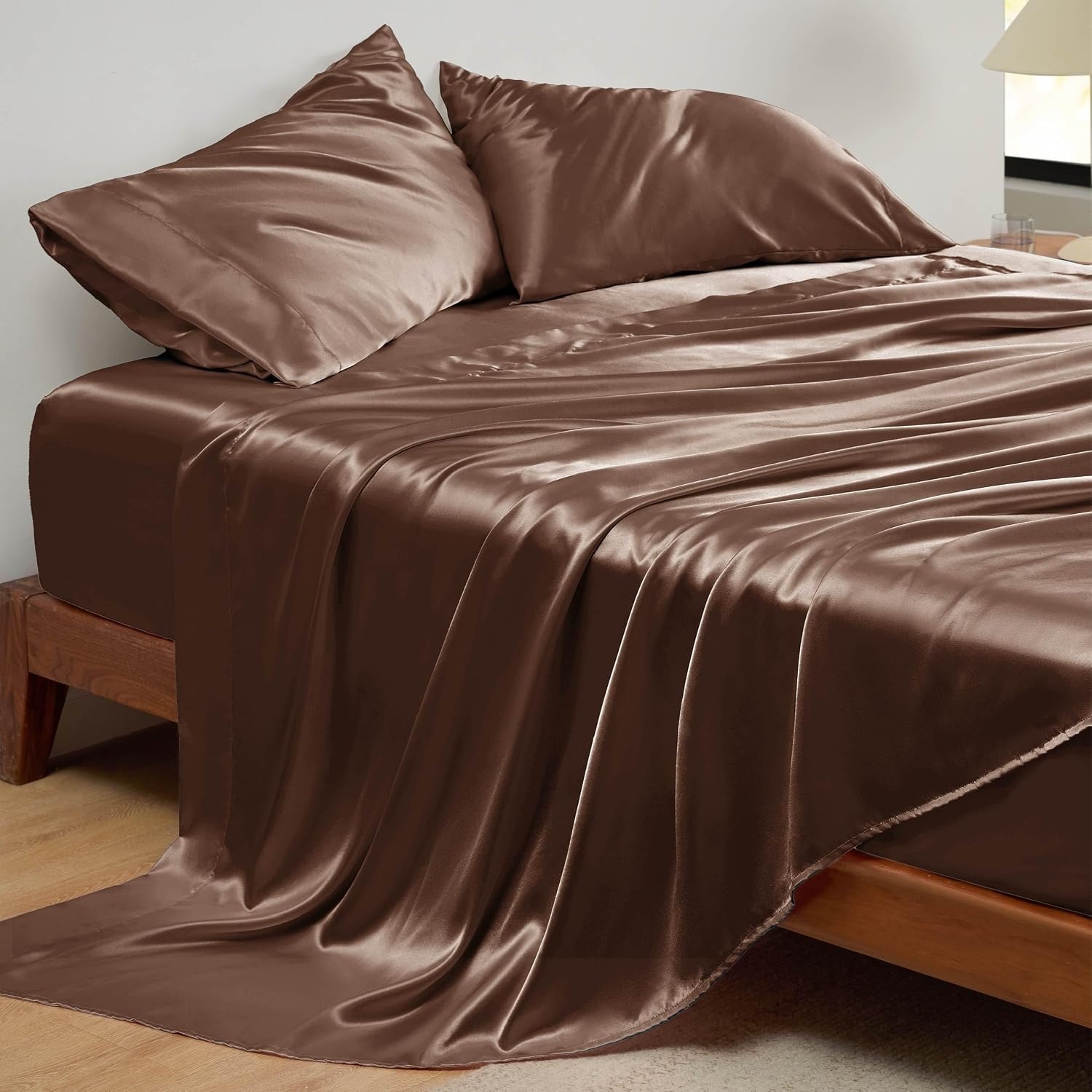 image:imageBedsure Grey Satin Sheets Queen Size Soft Silky Bedsheets for Hair amp Skin Similar to Silk Bed Sheets Set 4 Piece 360Stronger 15 Inches Deep Pocket Fitted Sheet1 Flat Sheet 2 Satin Pillowcases16 Coffee