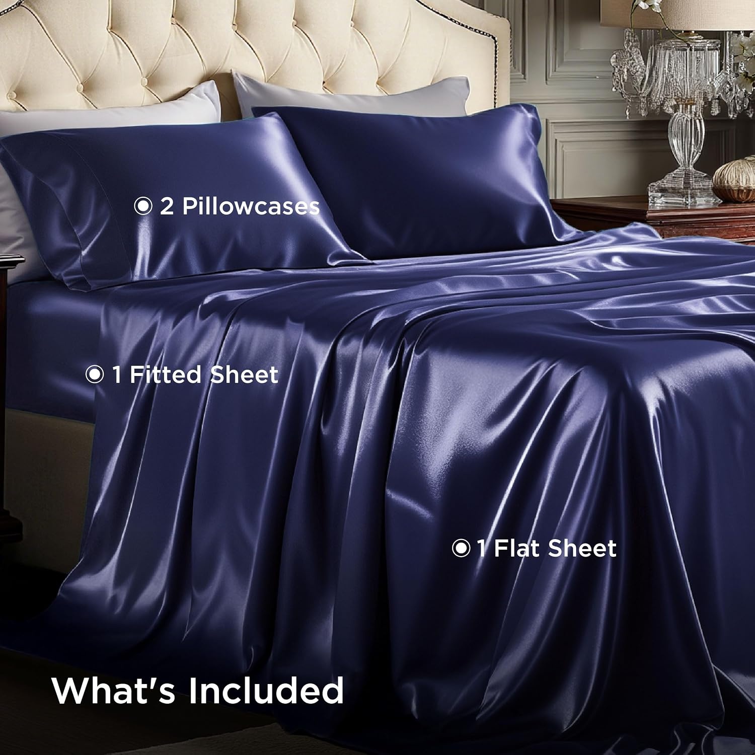image:imageBedsure Grey Satin Sheets Queen Size Soft Silky Bedsheets for Hair amp Skin Similar to Silk Bed Sheets Set 4 Piece 360Stronger 15 Inches Deep Pocket Fitted Sheet1 Flat Sheet 2 Satin Pillowcases14 Navy