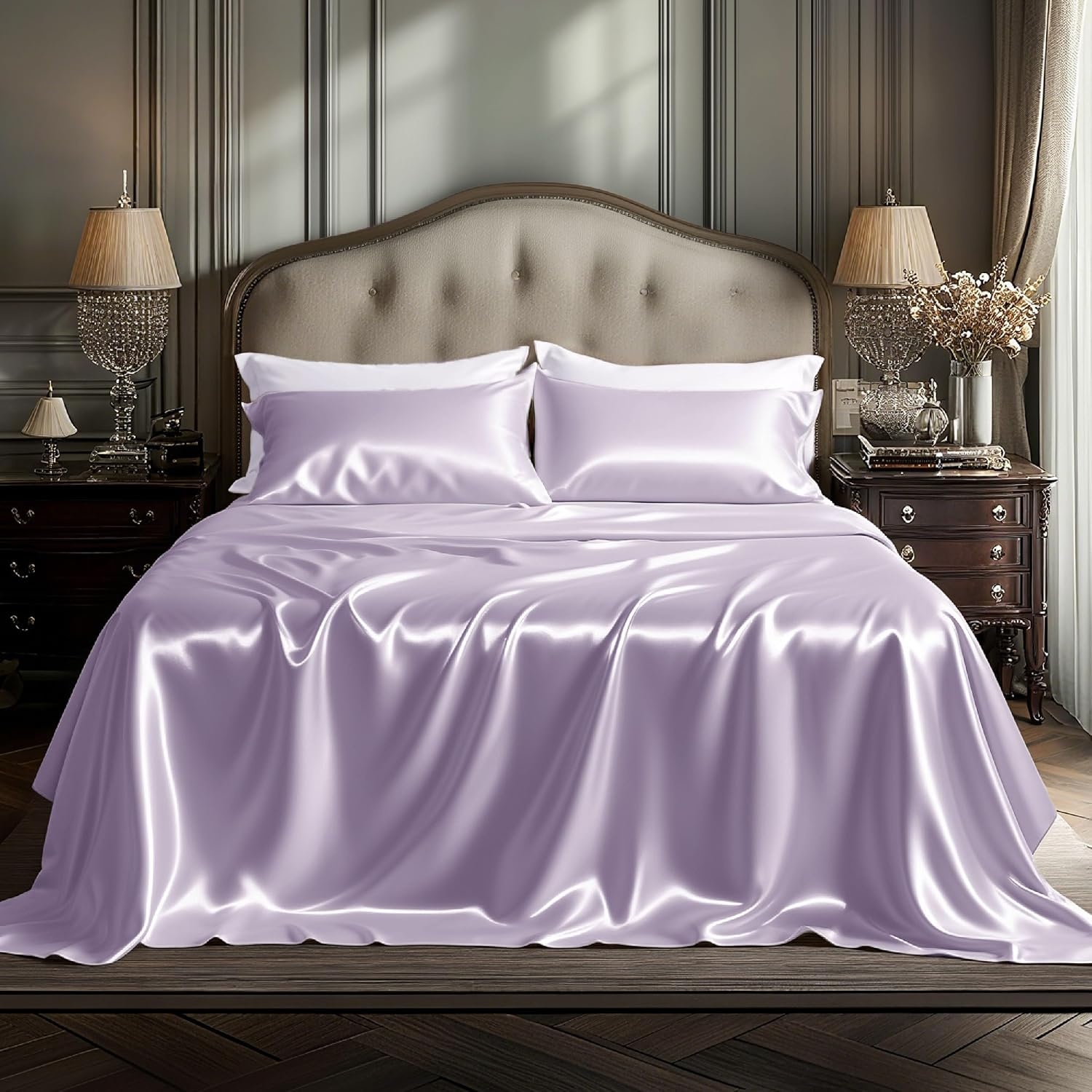 image:imageBedsure Grey Satin Sheets Queen Size Soft Silky Bedsheets for Hair amp Skin Similar to Silk Bed Sheets Set 4 Piece 360Stronger 15 Inches Deep Pocket Fitted Sheet1 Flat Sheet 2 Satin Pillowcases08 Lavender