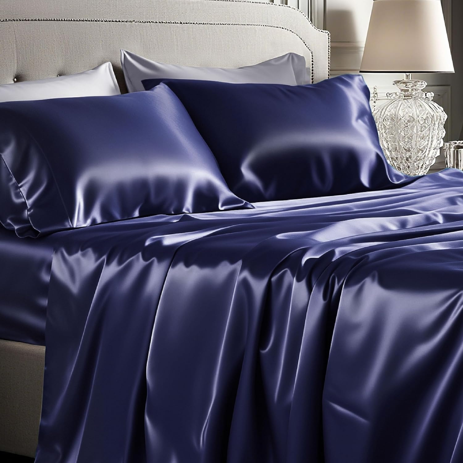 image:imageBedsure Grey Satin Sheets Queen Size Soft Silky Bedsheets for Hair amp Skin Similar to Silk Bed Sheets Set 4 Piece 360Stronger 15 Inches Deep Pocket Fitted Sheet1 Flat Sheet 2 Satin Pillowcases14 Navy