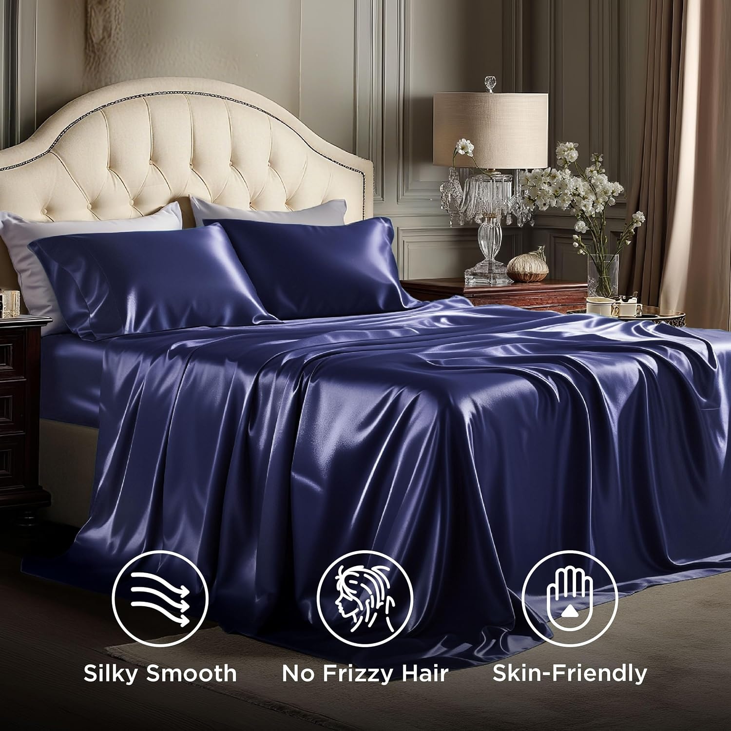 image:imageBedsure Grey Satin Sheets Queen Size Soft Silky Bedsheets for Hair amp Skin Similar to Silk Bed Sheets Set 4 Piece 360Stronger 15 Inches Deep Pocket Fitted Sheet1 Flat Sheet 2 Satin Pillowcases14 Navy