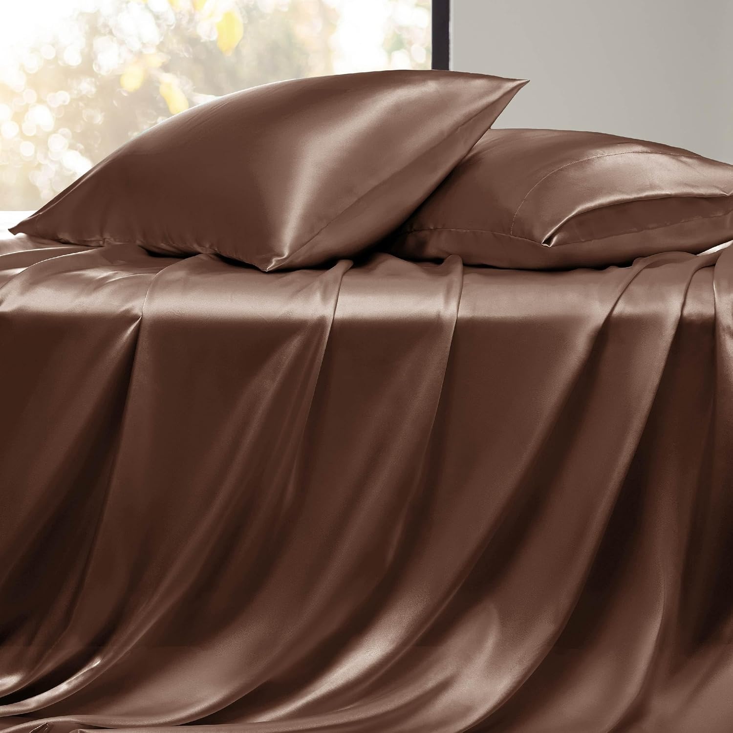 image:imageBedsure Grey Satin Sheets Queen Size Soft Silky Bedsheets for Hair amp Skin Similar to Silk Bed Sheets Set 4 Piece 360Stronger 15 Inches Deep Pocket Fitted Sheet1 Flat Sheet 2 Satin Pillowcases16 Coffee