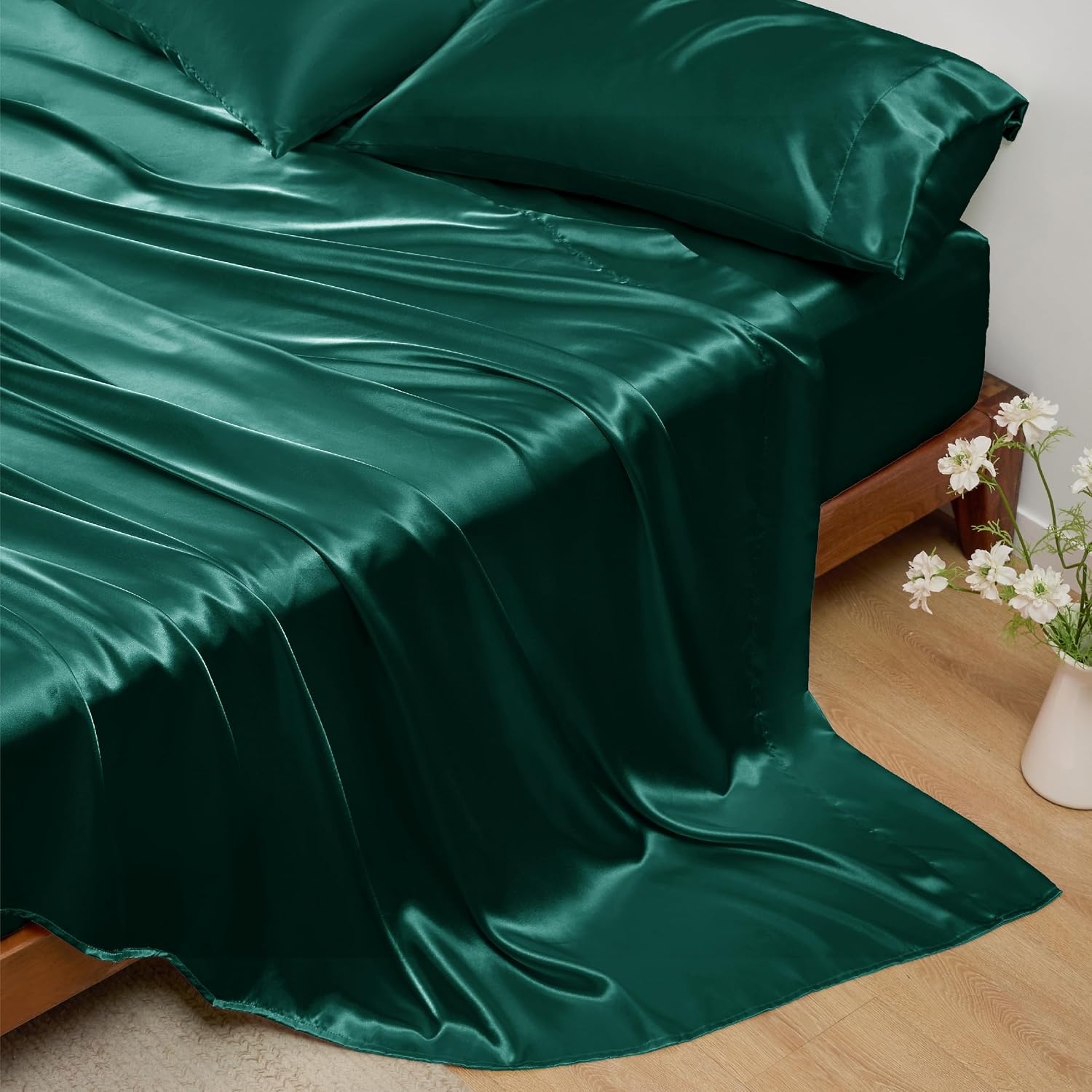 image:imageBedsure Grey Satin Sheets Queen Size Soft Silky Bedsheets for Hair amp Skin Similar to Silk Bed Sheets Set 4 Piece 360Stronger 15 Inches Deep Pocket Fitted Sheet1 Flat Sheet 2 Satin Pillowcases21 Dark Green