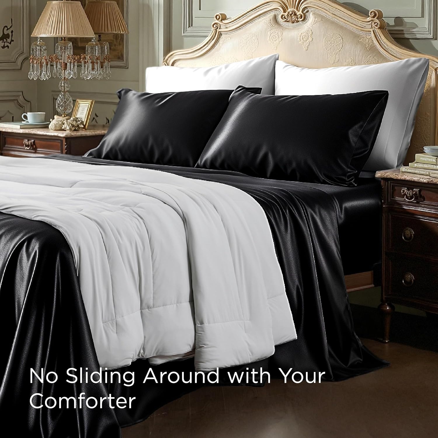 image:imageBedsure Grey Satin Sheets Queen Size Soft Silky Bedsheets for Hair amp Skin Similar to Silk Bed Sheets Set 4 Piece 360Stronger 15 Inches Deep Pocket Fitted Sheet1 Flat Sheet 2 Satin Pillowcases02 Black