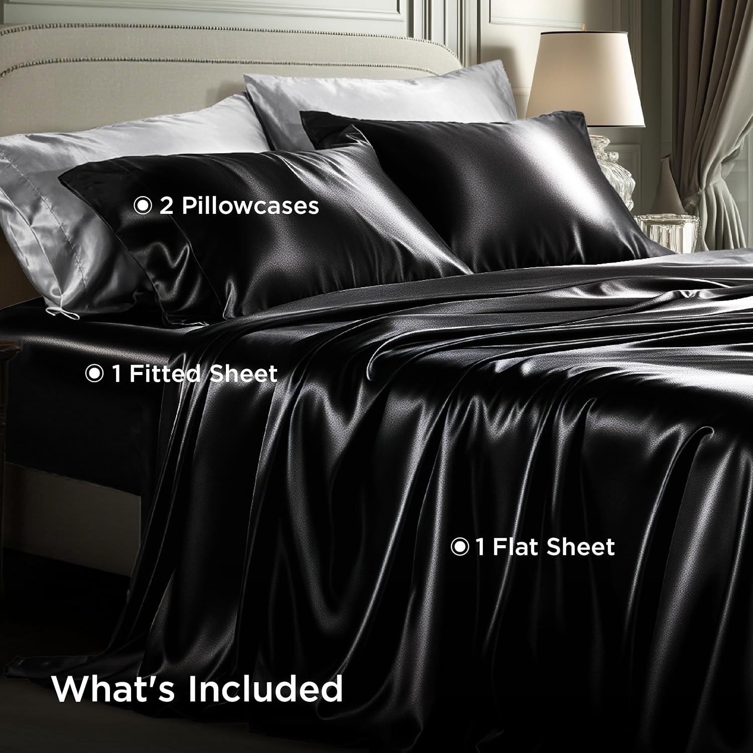 image:imageBedsure Grey Satin Sheets Queen Size Soft Silky Bedsheets for Hair amp Skin Similar to Silk Bed Sheets Set 4 Piece 360Stronger 15 Inches Deep Pocket Fitted Sheet1 Flat Sheet 2 Satin Pillowcases02 Black