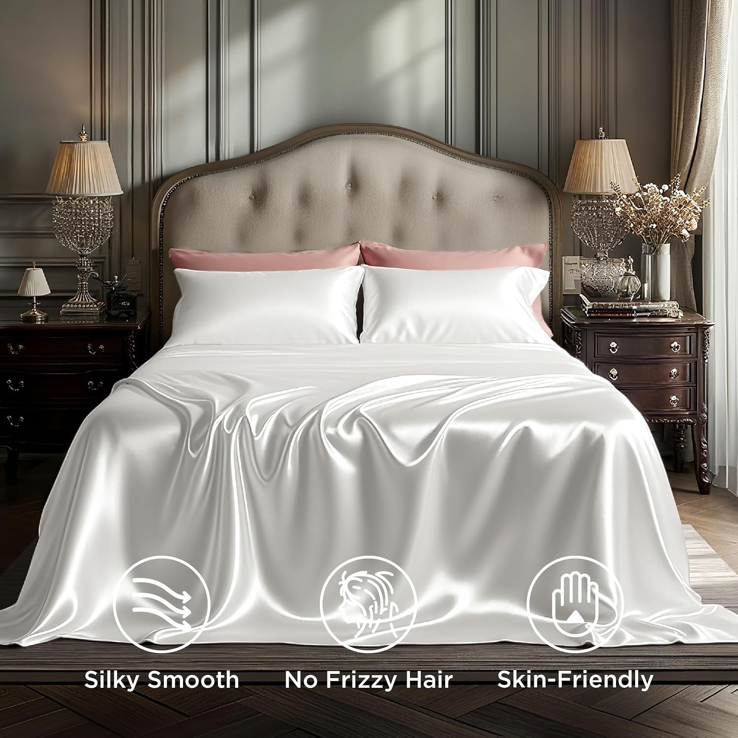 image:imageBedsure Grey Satin Sheets Queen Size Soft Silky Bedsheets for Hair amp Skin Similar to Silk Bed Sheets Set 4 Piece 360Stronger 15 Inches Deep Pocket Fitted Sheet1 Flat Sheet 2 Satin Pillowcases03 White