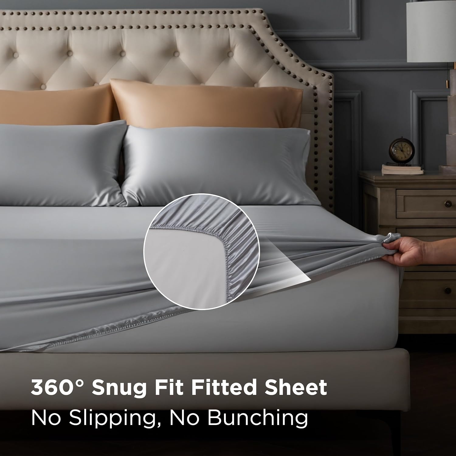 image:imageBedsure Grey Satin Sheets Queen Size Soft Silky Bedsheets for Hair amp Skin Similar to Silk Bed Sheets Set 4 Piece 360Stronger 15 Inches Deep Pocket Fitted Sheet1 Flat Sheet 2 Satin Pillowcases01 Silver Grey