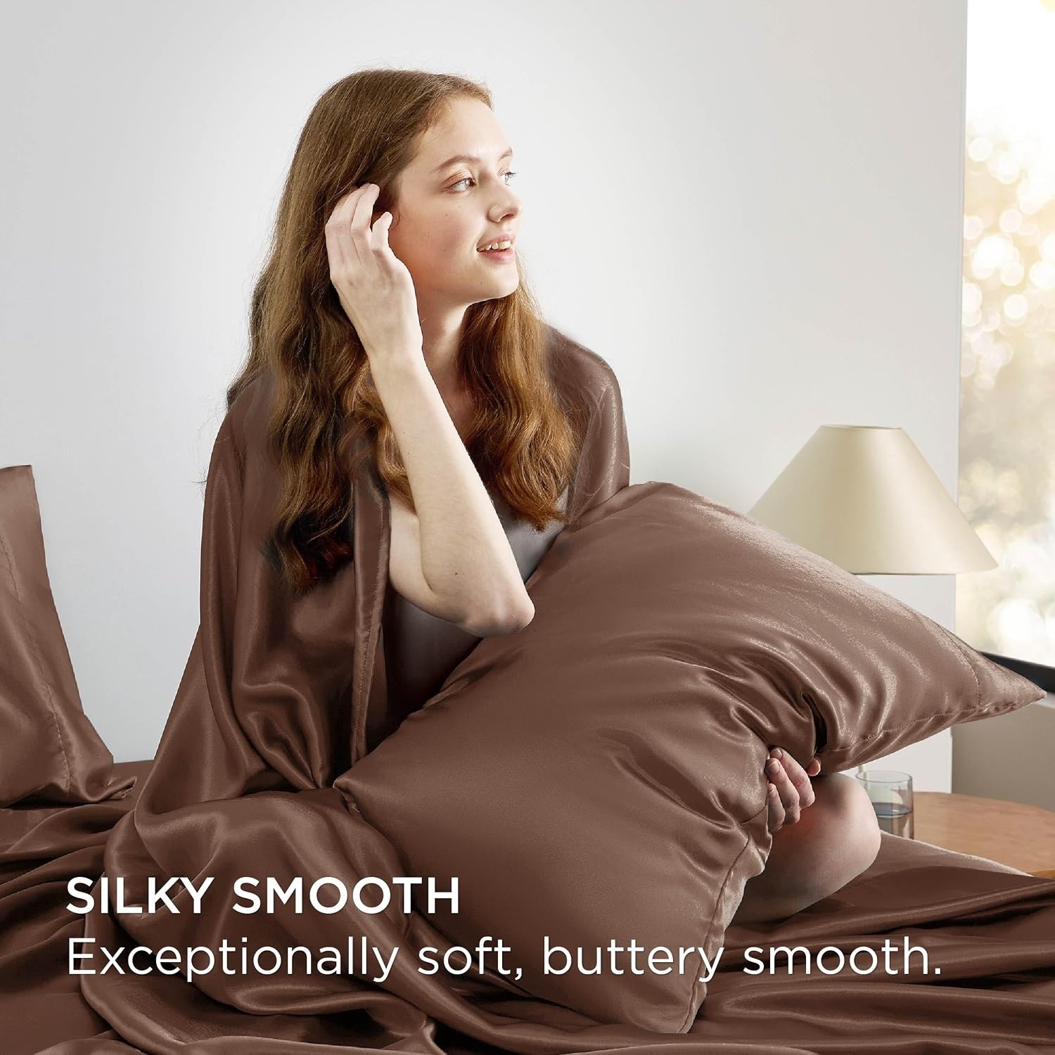 image:imageBedsure Grey Satin Sheets Queen Size Soft Silky Bedsheets for Hair amp Skin Similar to Silk Bed Sheets Set 4 Piece 360Stronger 15 Inches Deep Pocket Fitted Sheet1 Flat Sheet 2 Satin Pillowcases16 Coffee