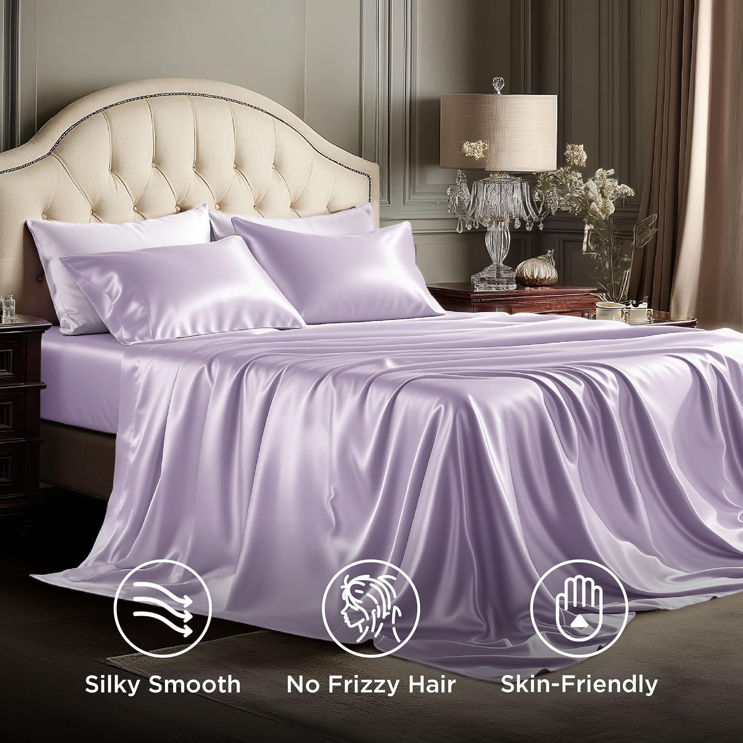 image:imageBedsure Grey Satin Sheets Queen Size Soft Silky Bedsheets for Hair amp Skin Similar to Silk Bed Sheets Set 4 Piece 360Stronger 15 Inches Deep Pocket Fitted Sheet1 Flat Sheet 2 Satin Pillowcases08 Lavender
