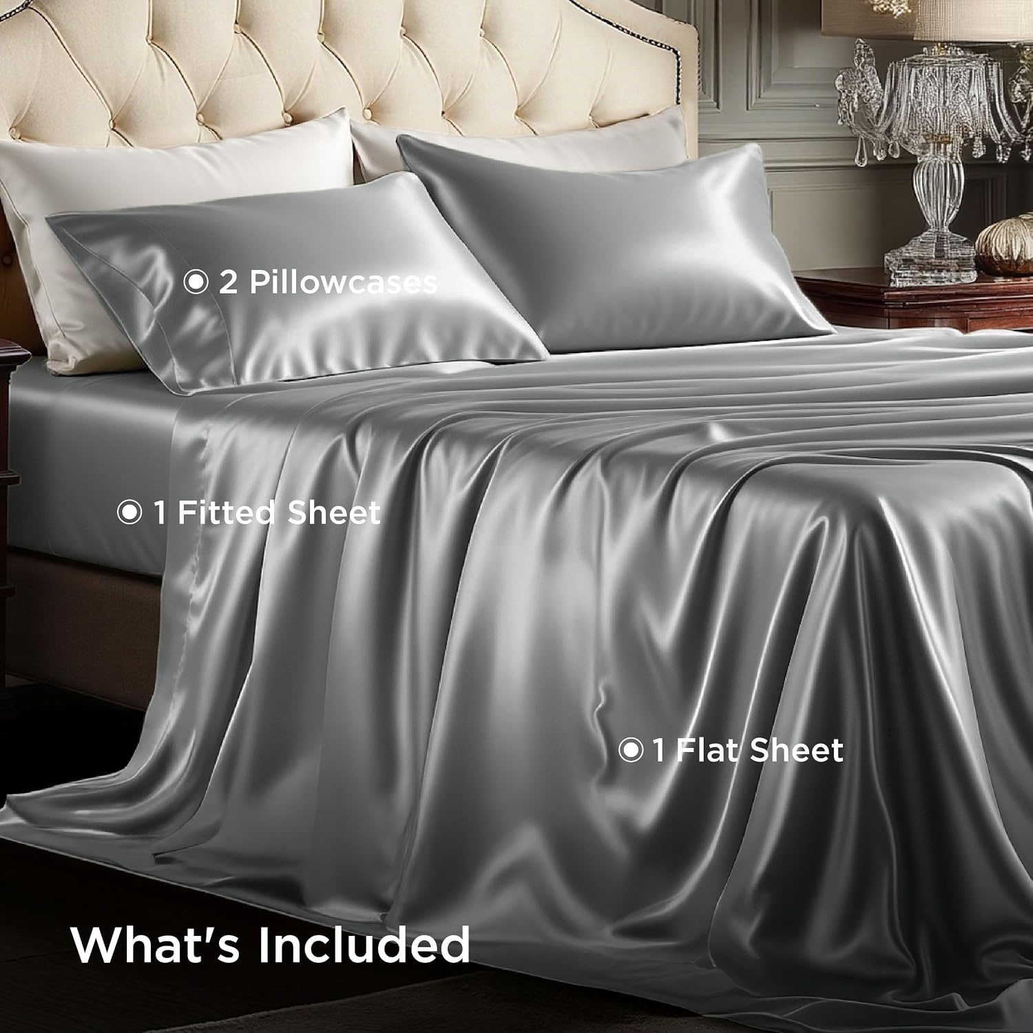 image:imageBedsure Grey Satin Sheets Queen Size Soft Silky Bedsheets for Hair amp Skin Similar to Silk Bed Sheets Set 4 Piece 360Stronger 15 Inches Deep Pocket Fitted Sheet1 Flat Sheet 2 Satin Pillowcases12 Dark Grey