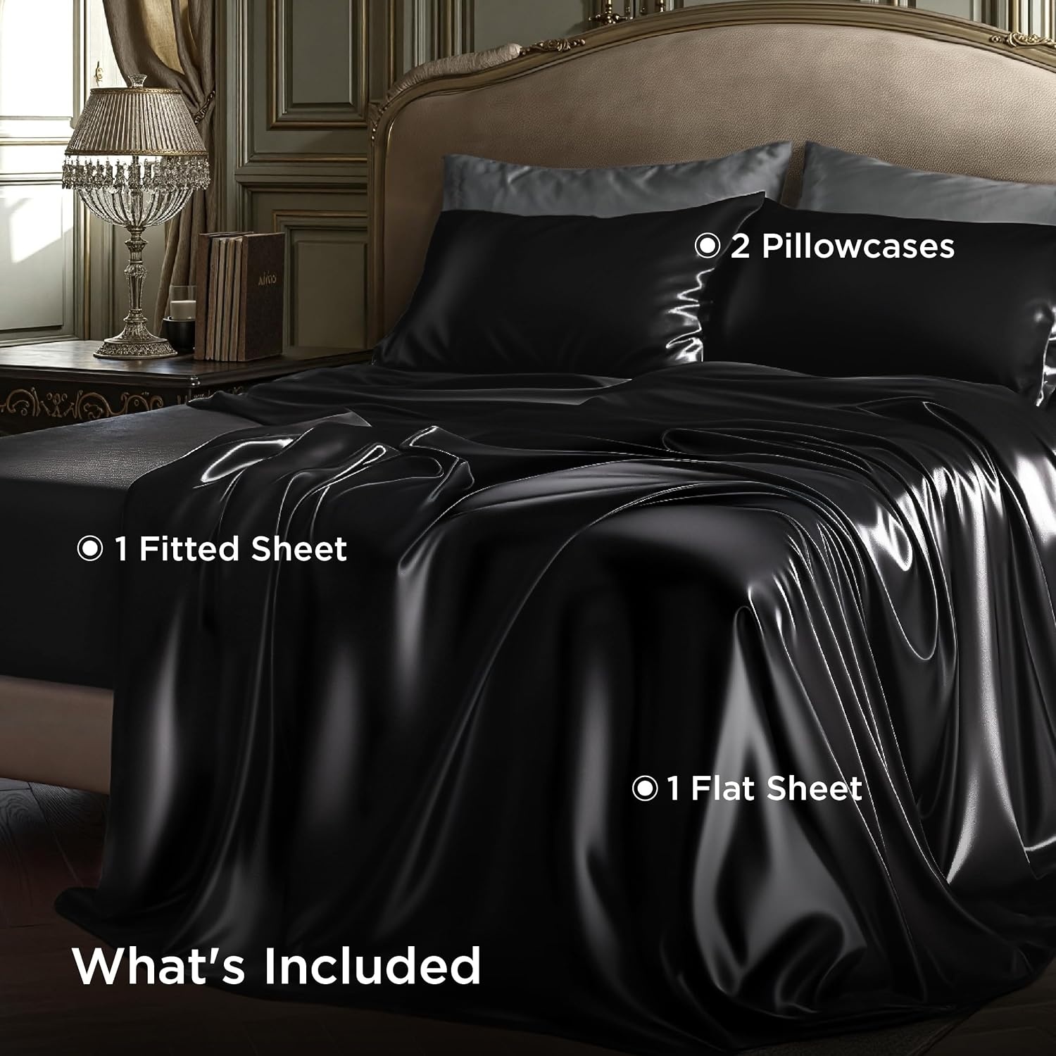 image:imageBedsure Grey Satin Sheets Queen Size Soft Silky Bedsheets for Hair amp Skin Similar to Silk Bed Sheets Set 4 Piece 360Stronger 15 Inches Deep Pocket Fitted Sheet1 Flat Sheet 2 Satin Pillowcases02 Black