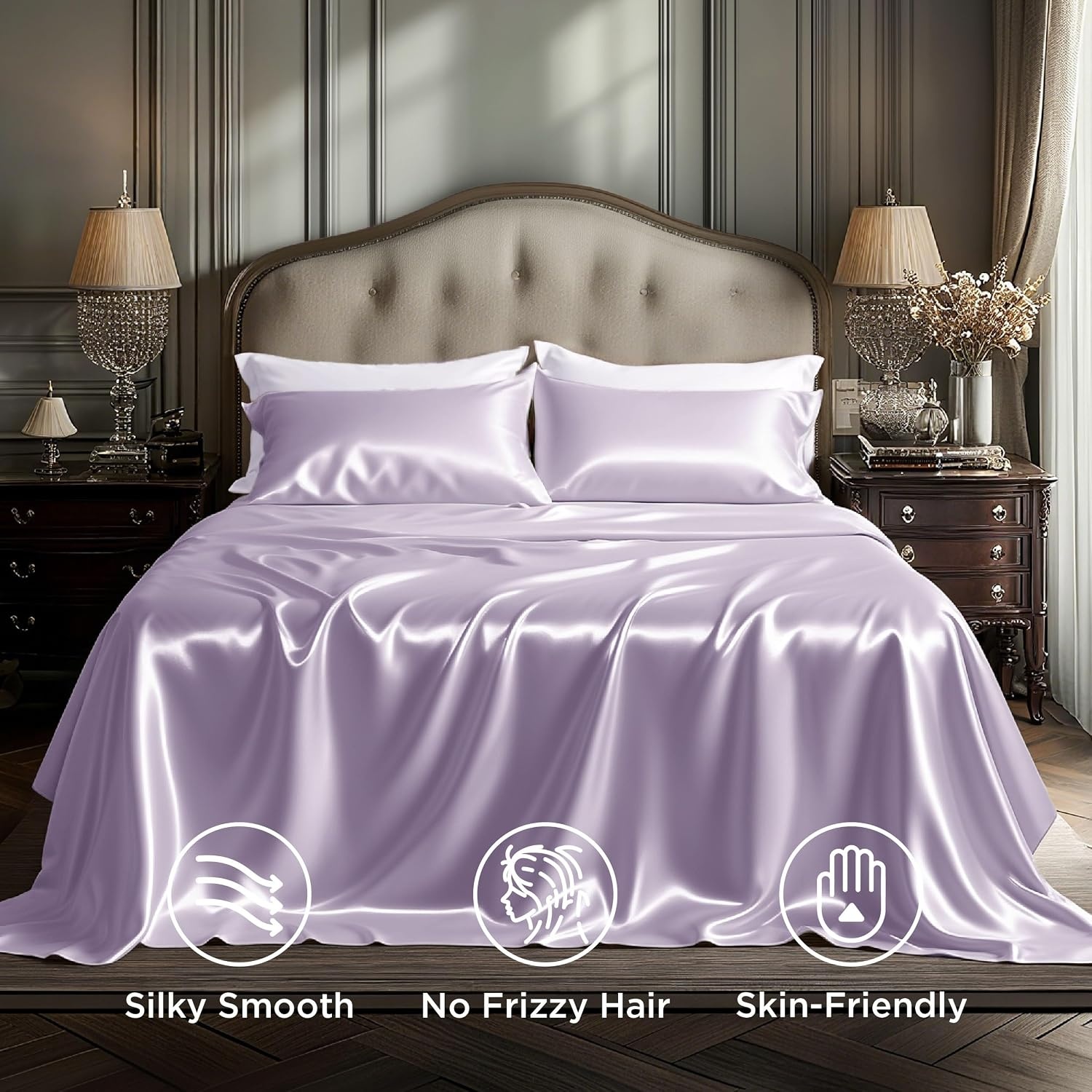 image:imageBedsure Grey Satin Sheets Queen Size Soft Silky Bedsheets for Hair amp Skin Similar to Silk Bed Sheets Set 4 Piece 360Stronger 15 Inches Deep Pocket Fitted Sheet1 Flat Sheet 2 Satin Pillowcases08 Lavender