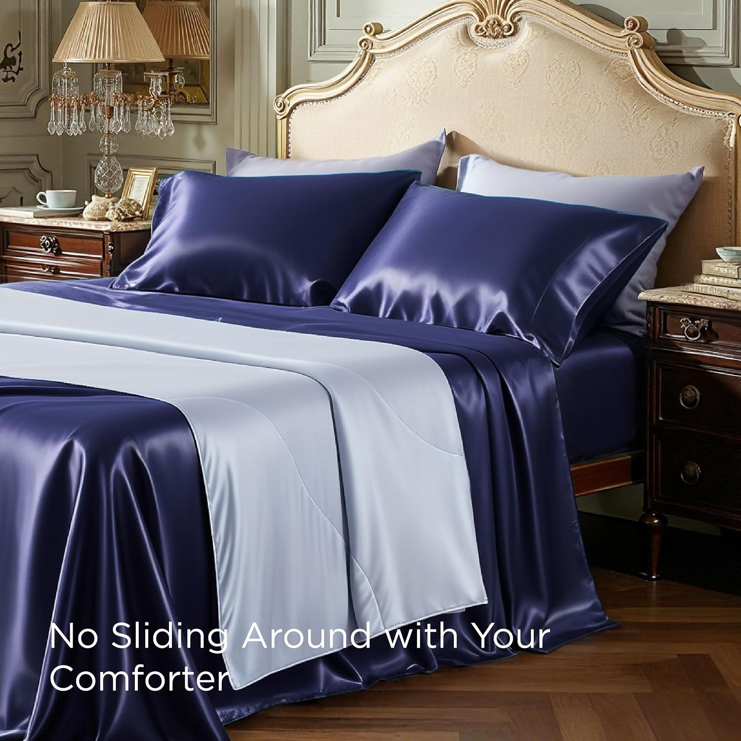 image:imageBedsure Grey Satin Sheets Queen Size Soft Silky Bedsheets for Hair amp Skin Similar to Silk Bed Sheets Set 4 Piece 360Stronger 15 Inches Deep Pocket Fitted Sheet1 Flat Sheet 2 Satin Pillowcases14 Navy