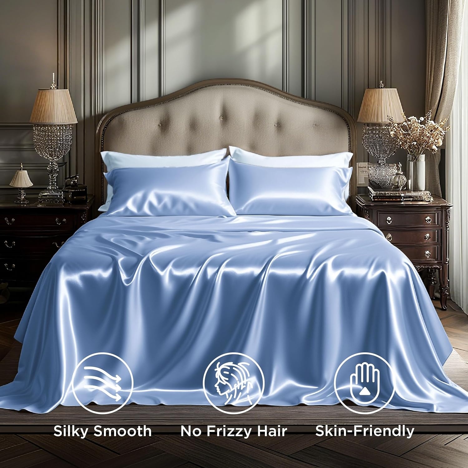 image:imageBedsure Grey Satin Sheets Queen Size Soft Silky Bedsheets for Hair amp Skin Similar to Silk Bed Sheets Set 4 Piece 360Stronger 15 Inches Deep Pocket Fitted Sheet1 Flat Sheet 2 Satin Pillowcases07 Sky Blue