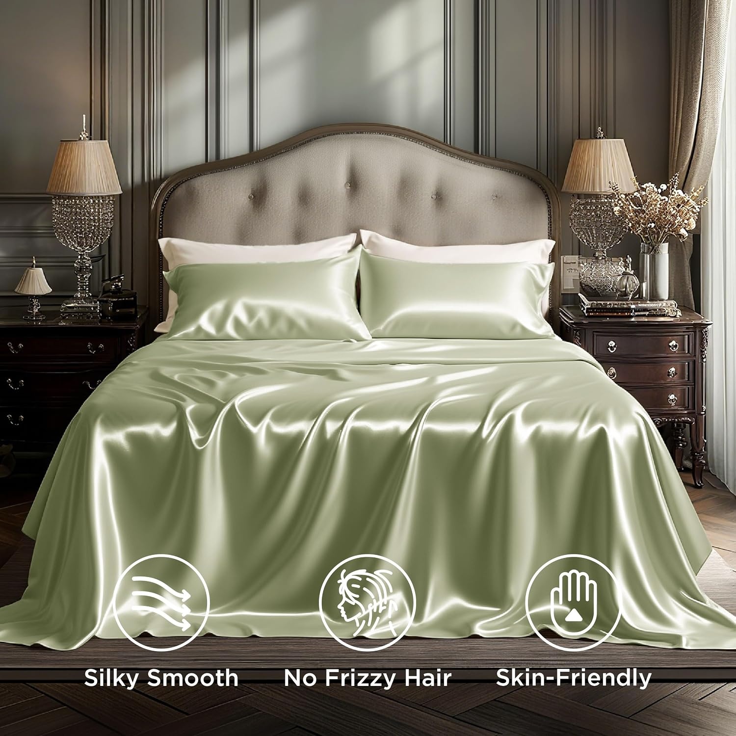 image:imageBedsure Grey Satin Sheets Queen Size Soft Silky Bedsheets for Hair amp Skin Similar to Silk Bed Sheets Set 4 Piece 360Stronger 15 Inches Deep Pocket Fitted Sheet1 Flat Sheet 2 Satin Pillowcases06 Light Green