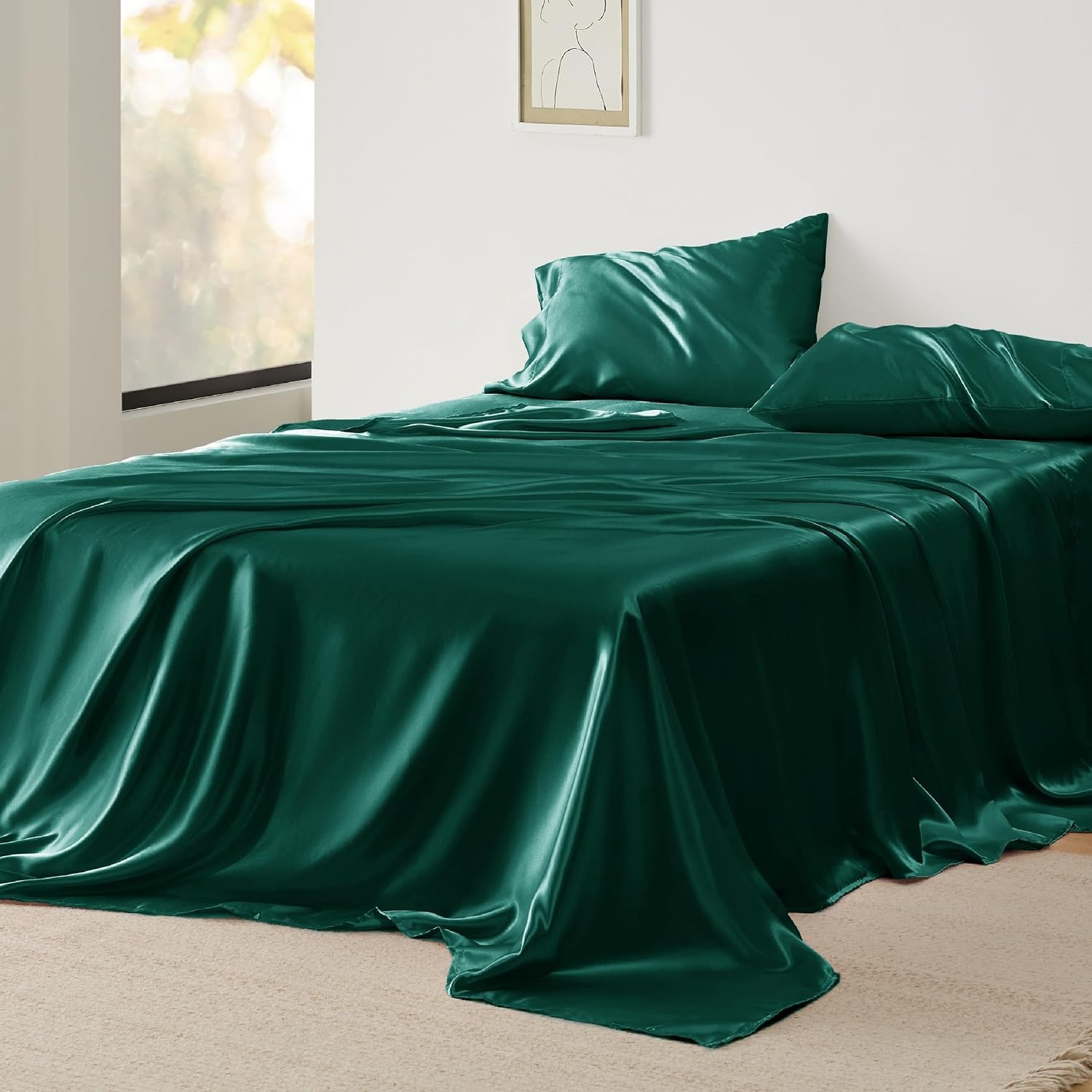 image:imageBedsure Grey Satin Sheets Queen Size Soft Silky Bedsheets for Hair amp Skin Similar to Silk Bed Sheets Set 4 Piece 360Stronger 15 Inches Deep Pocket Fitted Sheet1 Flat Sheet 2 Satin Pillowcases21 Dark Green