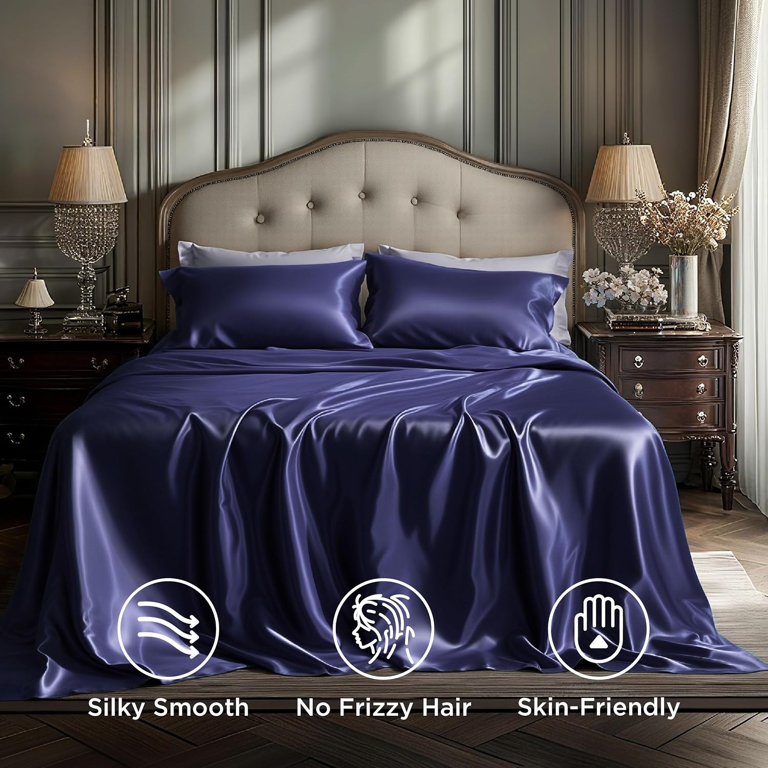 image:imageBedsure Grey Satin Sheets Queen Size Soft Silky Bedsheets for Hair amp Skin Similar to Silk Bed Sheets Set 4 Piece 360Stronger 15 Inches Deep Pocket Fitted Sheet1 Flat Sheet 2 Satin Pillowcases14 Navy