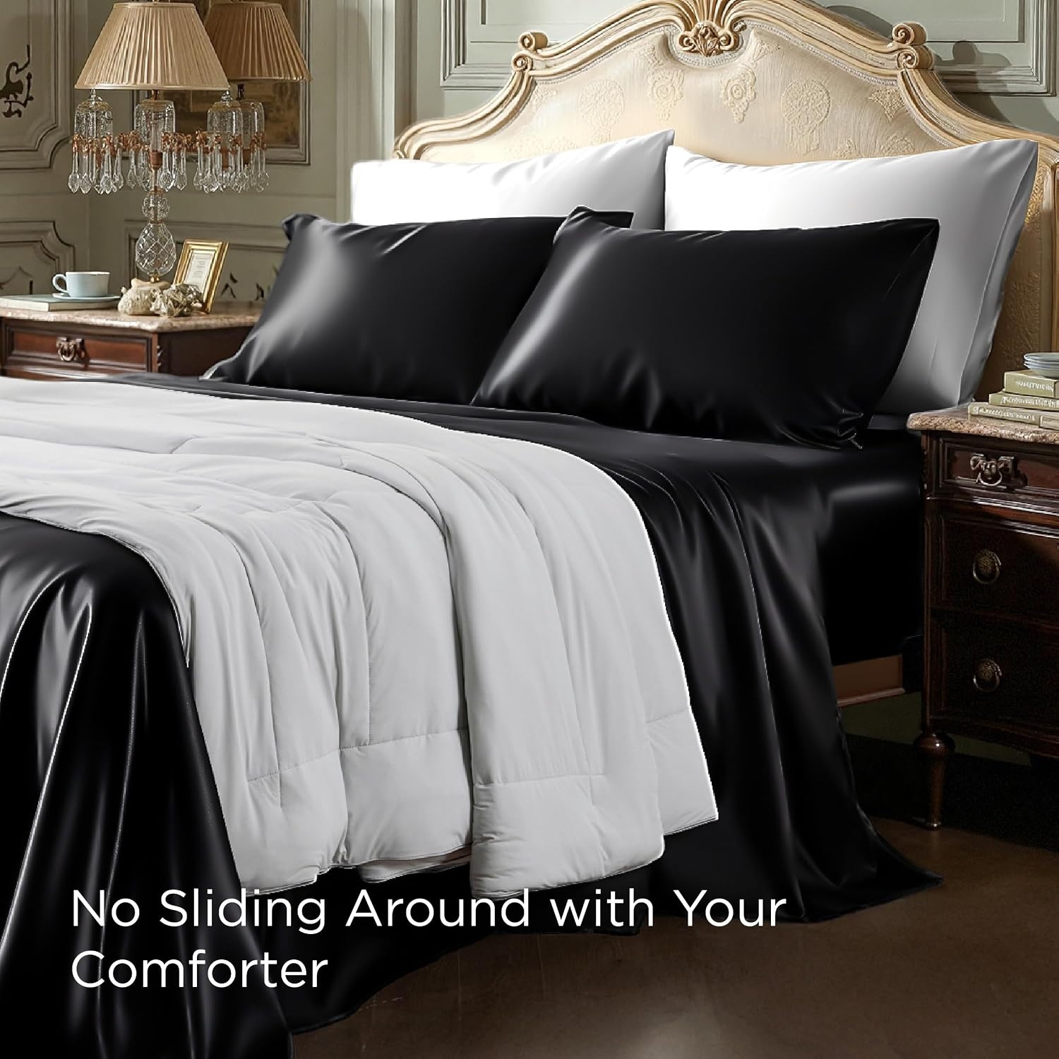 image:imageBedsure Grey Satin Sheets Queen Size Soft Silky Bedsheets for Hair amp Skin Similar to Silk Bed Sheets Set 4 Piece 360Stronger 15 Inches Deep Pocket Fitted Sheet1 Flat Sheet 2 Satin Pillowcases02 Black