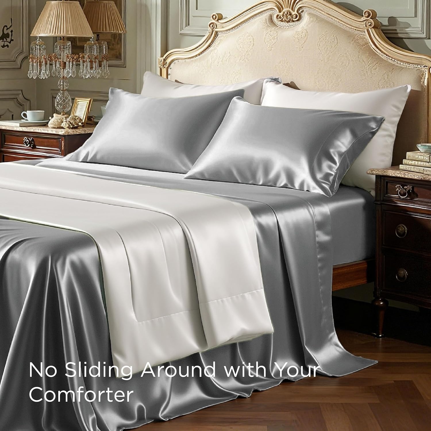 image:imageBedsure Grey Satin Sheets Queen Size Soft Silky Bedsheets for Hair amp Skin Similar to Silk Bed Sheets Set 4 Piece 360Stronger 15 Inches Deep Pocket Fitted Sheet1 Flat Sheet 2 Satin Pillowcases12 Dark Grey