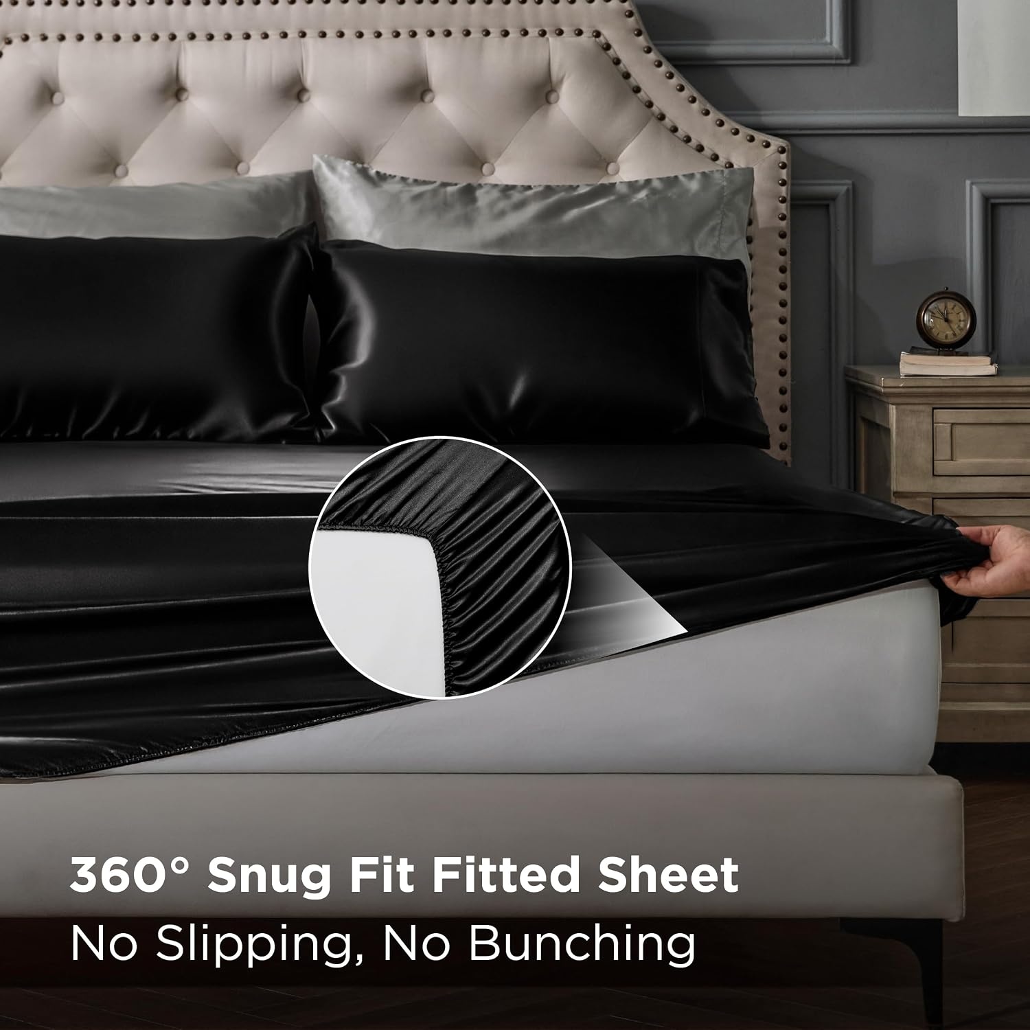 image:imageBedsure Grey Satin Sheets Queen Size Soft Silky Bedsheets for Hair amp Skin Similar to Silk Bed Sheets Set 4 Piece 360Stronger 15 Inches Deep Pocket Fitted Sheet1 Flat Sheet 2 Satin Pillowcases02 Black