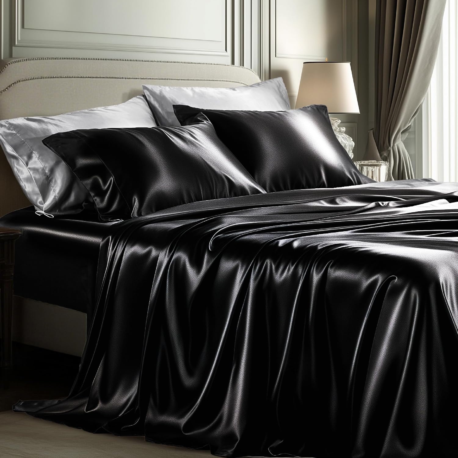 image:imageBedsure Grey Satin Sheets Queen Size Soft Silky Bedsheets for Hair amp Skin Similar to Silk Bed Sheets Set 4 Piece 360Stronger 15 Inches Deep Pocket Fitted Sheet1 Flat Sheet 2 Satin Pillowcases02 Black