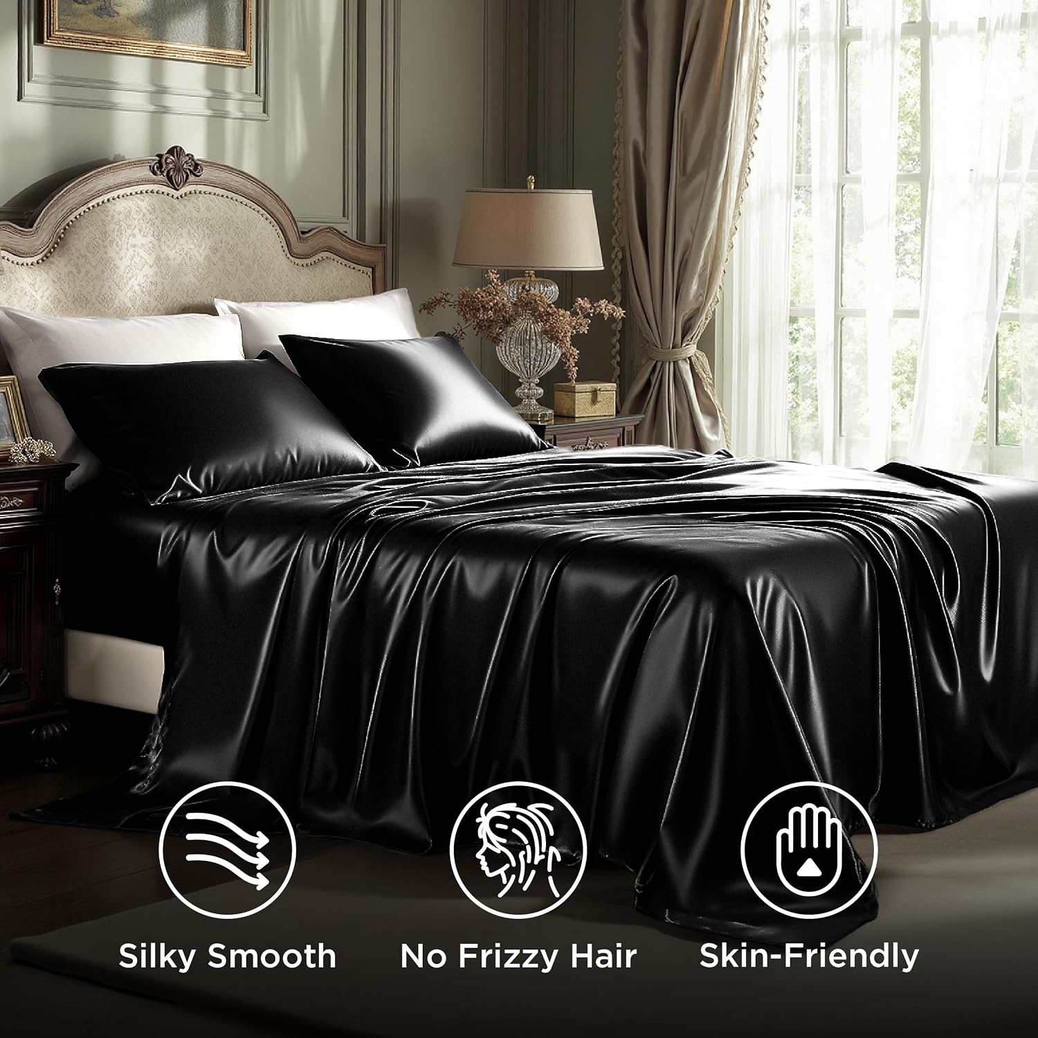 image:imageBedsure Grey Satin Sheets Queen Size Soft Silky Bedsheets for Hair amp Skin Similar to Silk Bed Sheets Set 4 Piece 360Stronger 15 Inches Deep Pocket Fitted Sheet1 Flat Sheet 2 Satin Pillowcases02 Black