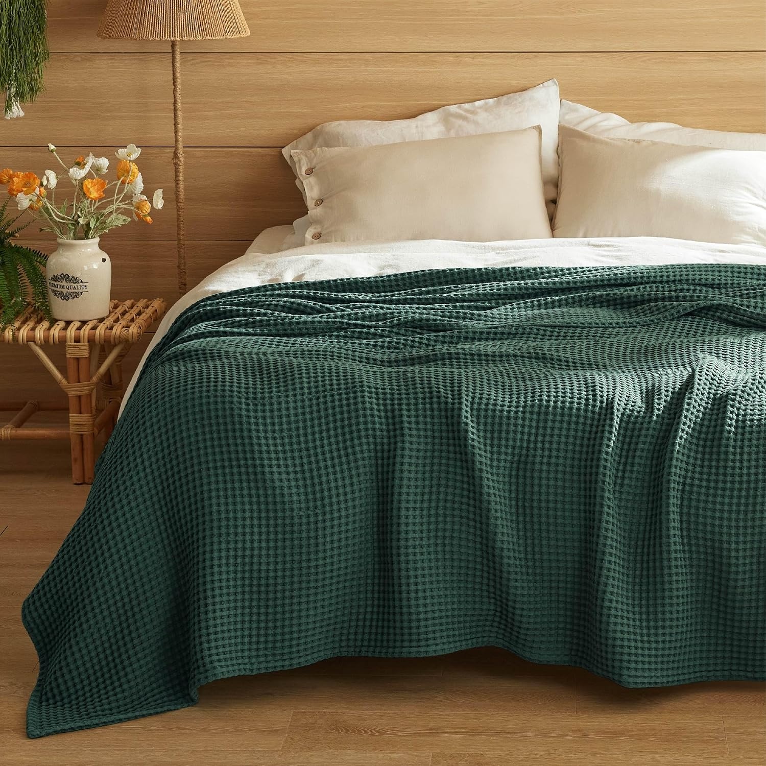image:imageBedsure Lightweight 100 Cotton Waffle Blanket Twin XL Linen Summer Breathable Soft Light Thin Bed Couch Sofa Chair 66x90 Sheet Blanket Dorm Room Essentials Guys GirlsDark Green