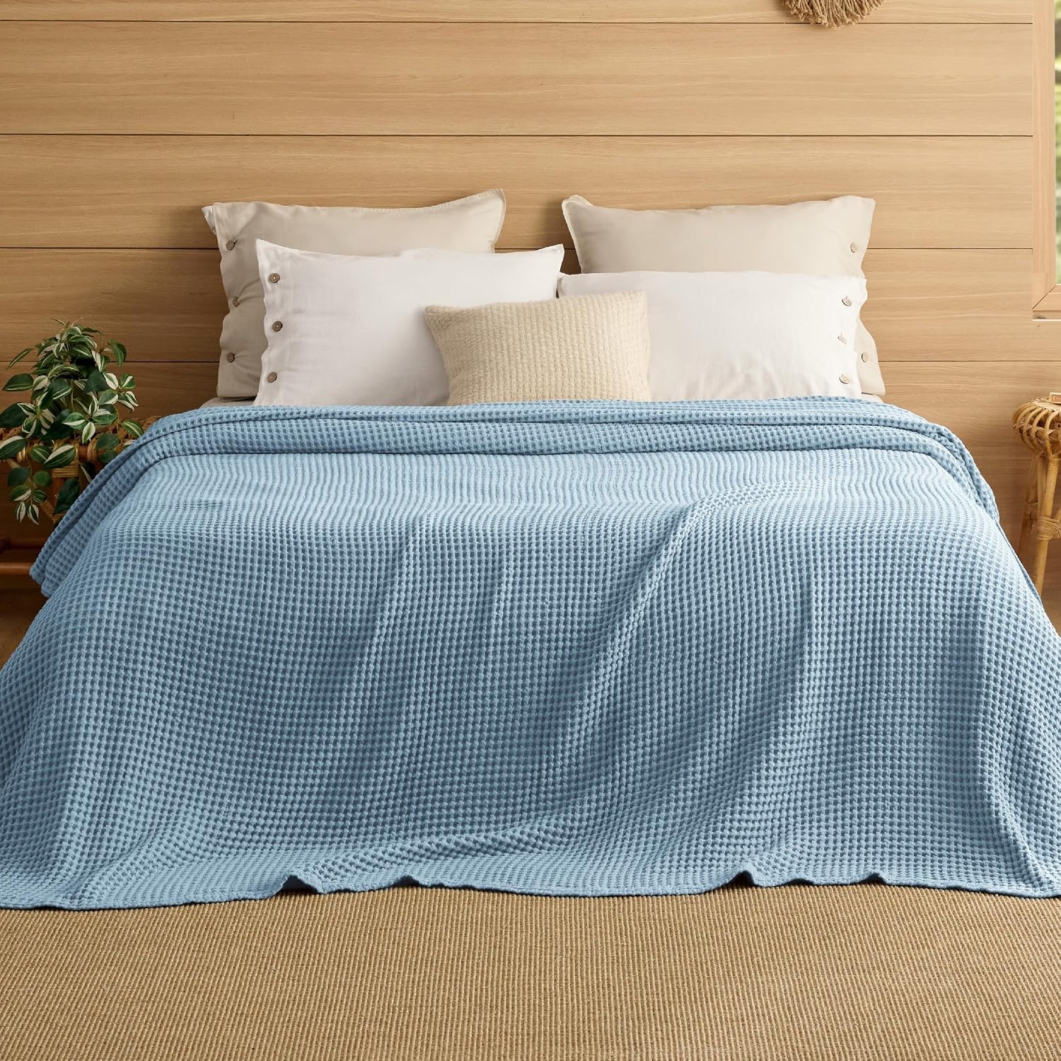 image:imageBedsure Lightweight 100 Cotton Waffle Blanket Twin XL Linen Summer Breathable Soft Light Thin Bed Couch Sofa Chair 66x90 Sheet Blanket Dorm Room Essentials Guys GirlsCelestial Blue