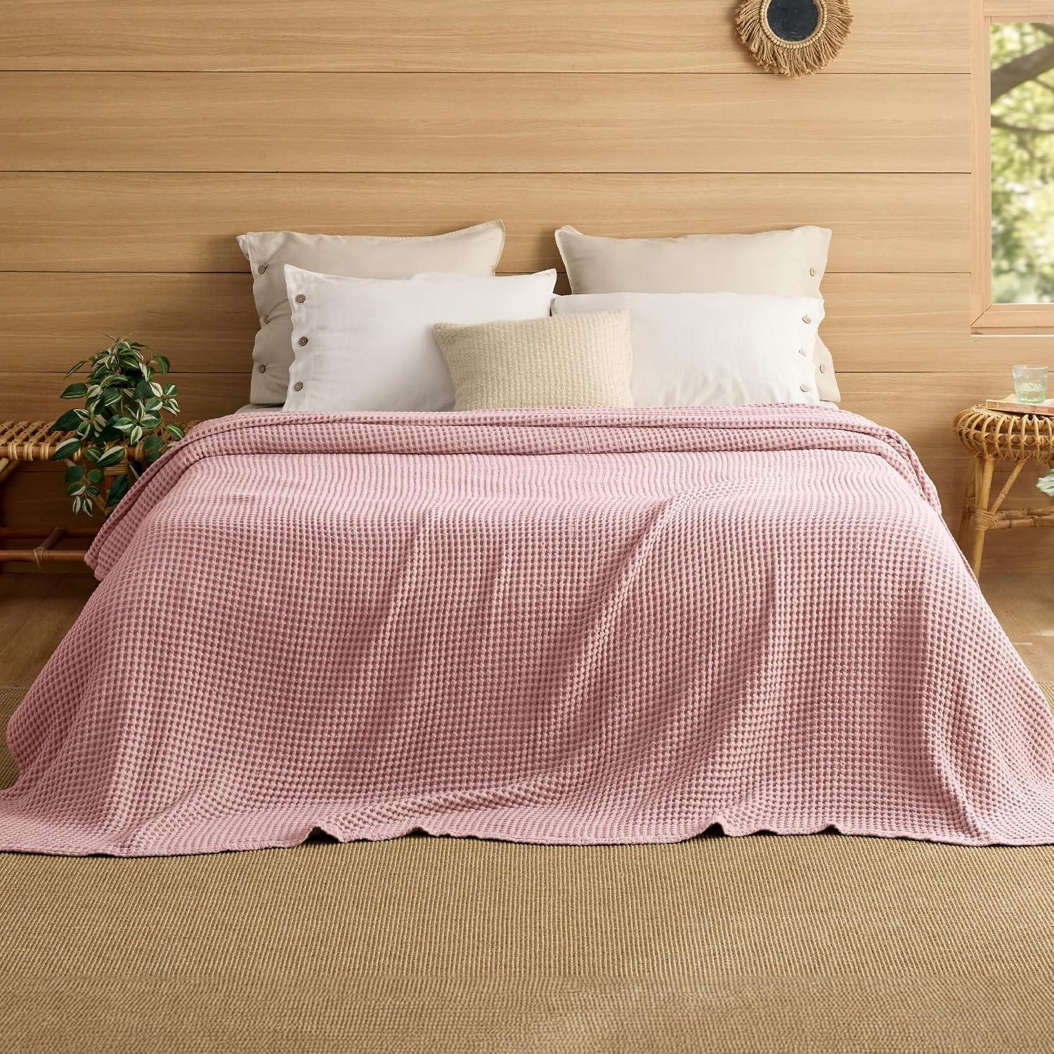 image:imageBedsure Lightweight 100 Cotton Waffle Blanket Twin XL Linen Summer Breathable Soft Light Thin Bed Couch Sofa Chair 66x90 Sheet Blanket Dorm Room Essentials Guys GirlsPink
