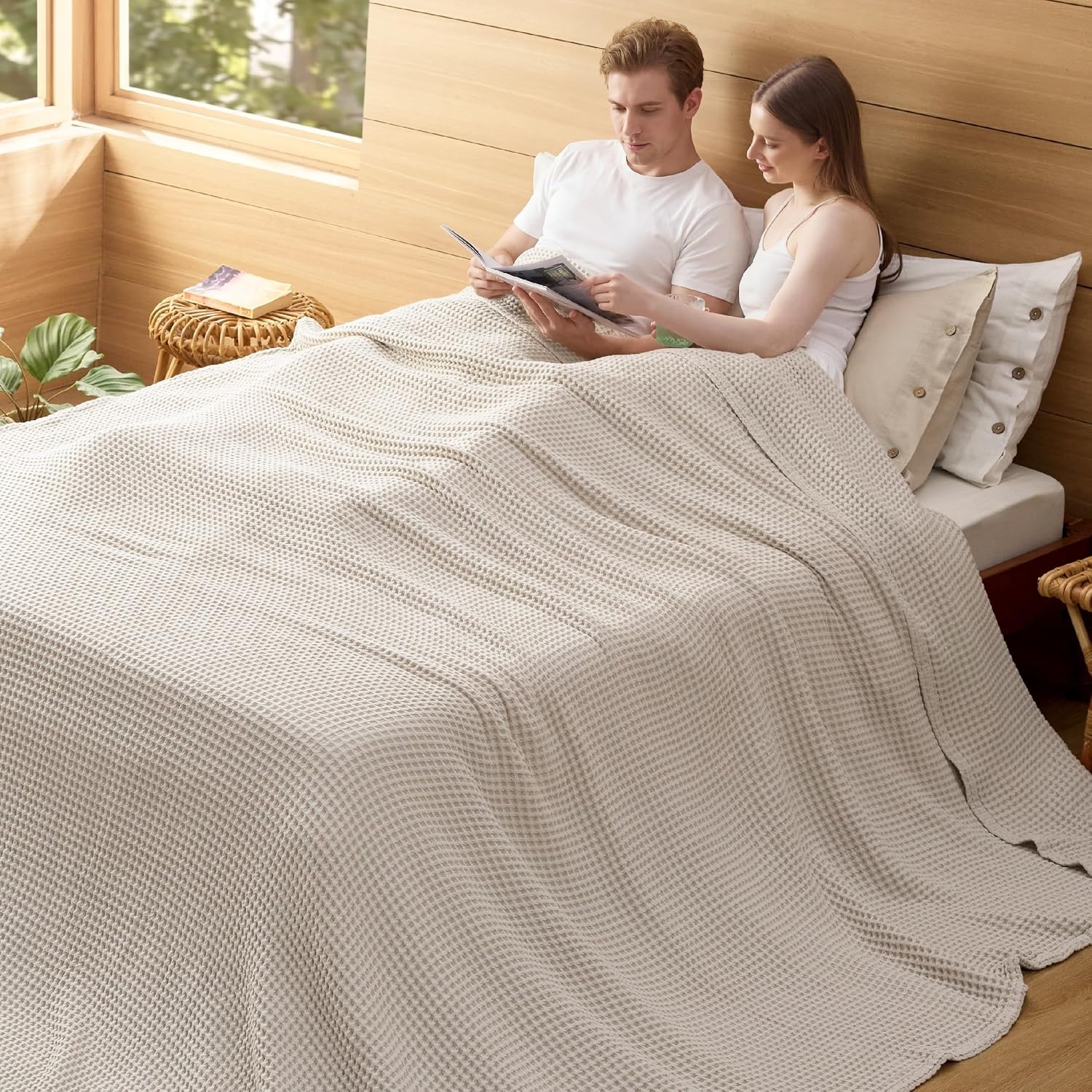 image:imageBedsure Lightweight 100 Cotton Waffle Blanket Twin XL Linen Summer Breathable Soft Light Thin Bed Couch Sofa Chair 66x90 Sheet Blanket Dorm Room Essentials Guys GirlsLinen