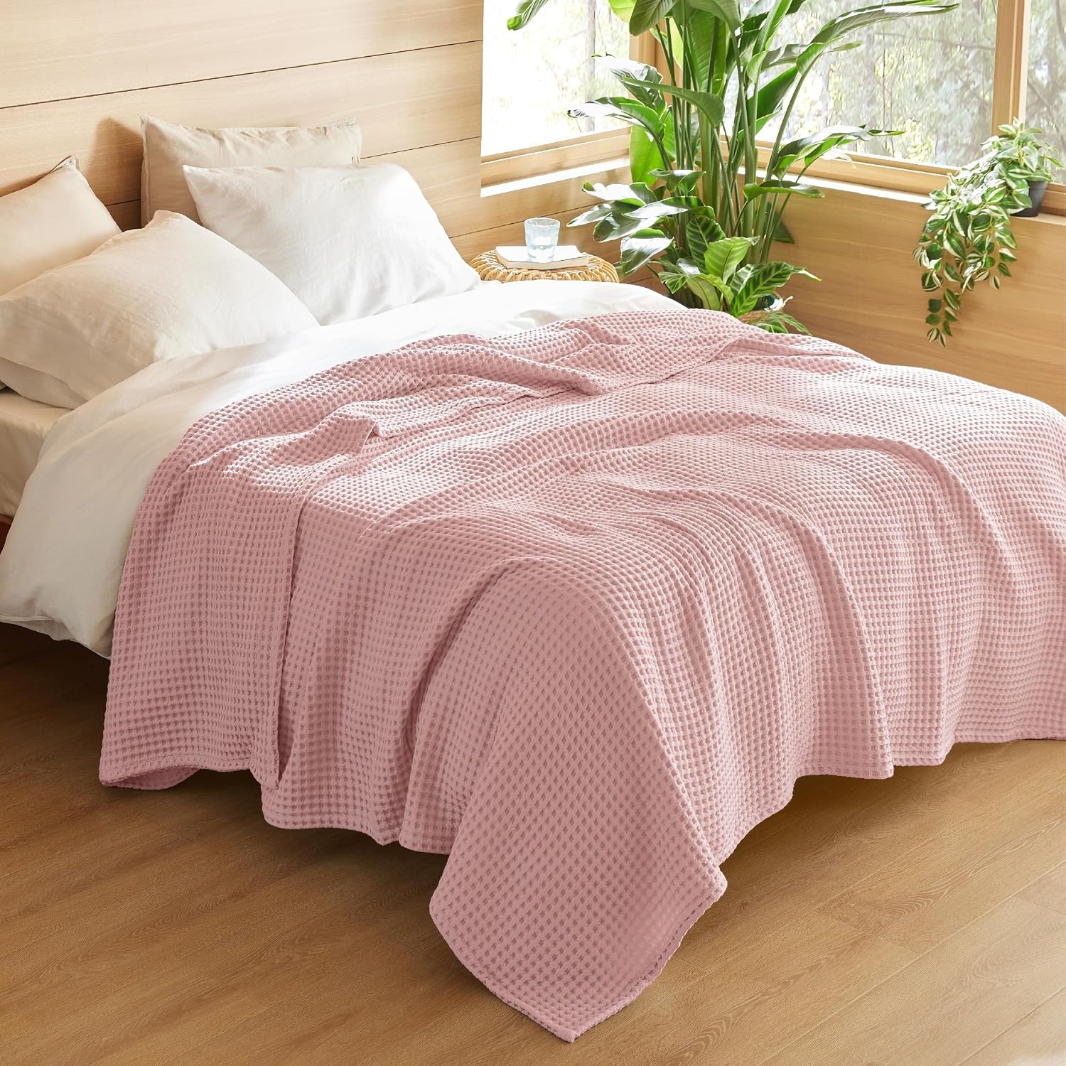 image:imageBedsure Lightweight 100 Cotton Waffle Blanket Twin XL Linen Summer Breathable Soft Light Thin Bed Couch Sofa Chair 66x90 Sheet Blanket Dorm Room Essentials Guys GirlsPink