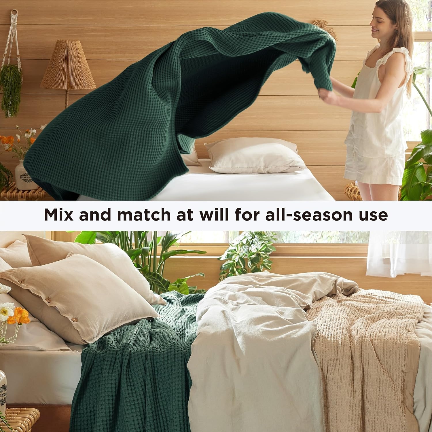 image:imageBedsure Lightweight 100 Cotton Waffle Blanket Twin XL Linen Summer Breathable Soft Light Thin Bed Couch Sofa Chair 66x90 Sheet Blanket Dorm Room Essentials Guys GirlsDark Green