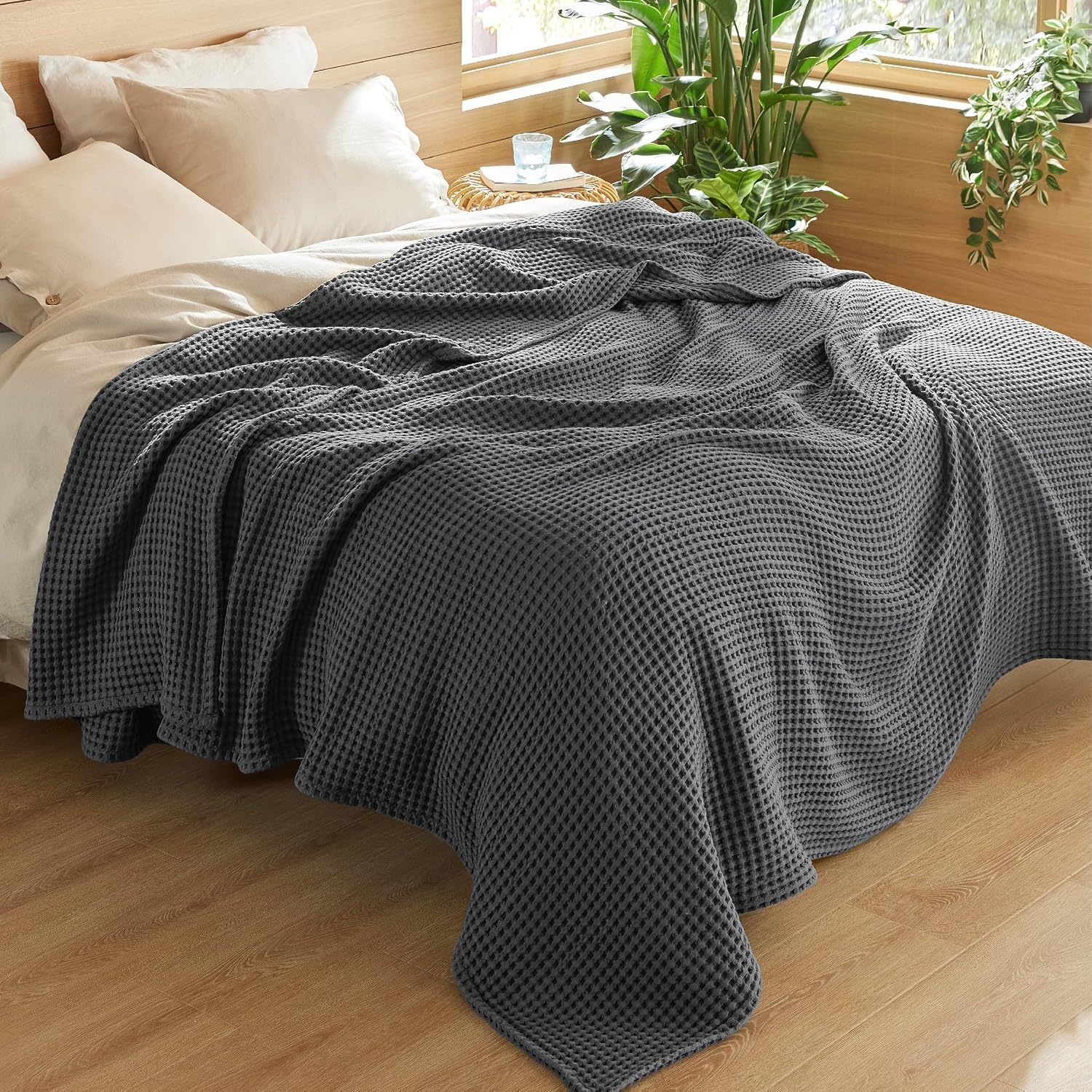 image:imageBedsure Lightweight 100 Cotton Waffle Blanket Twin XL Linen Summer Breathable Soft Light Thin Bed Couch Sofa Chair 66x90 Sheet Blanket Dorm Room Essentials Guys GirlsDark Grey
