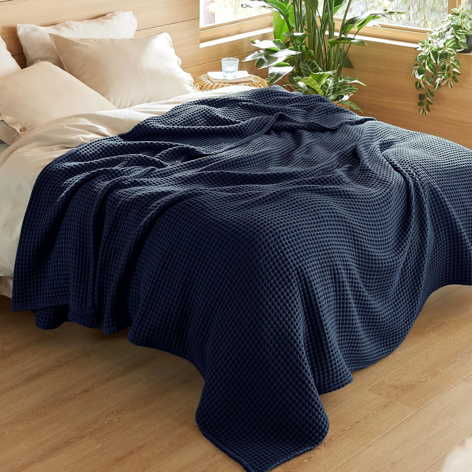 image:imageBedsure Lightweight 100 Cotton Waffle Blanket Twin XL Linen Summer Breathable Soft Light Thin Bed Couch Sofa Chair 66x90 Sheet Blanket Dorm Room Essentials Guys GirlsNavy Blue